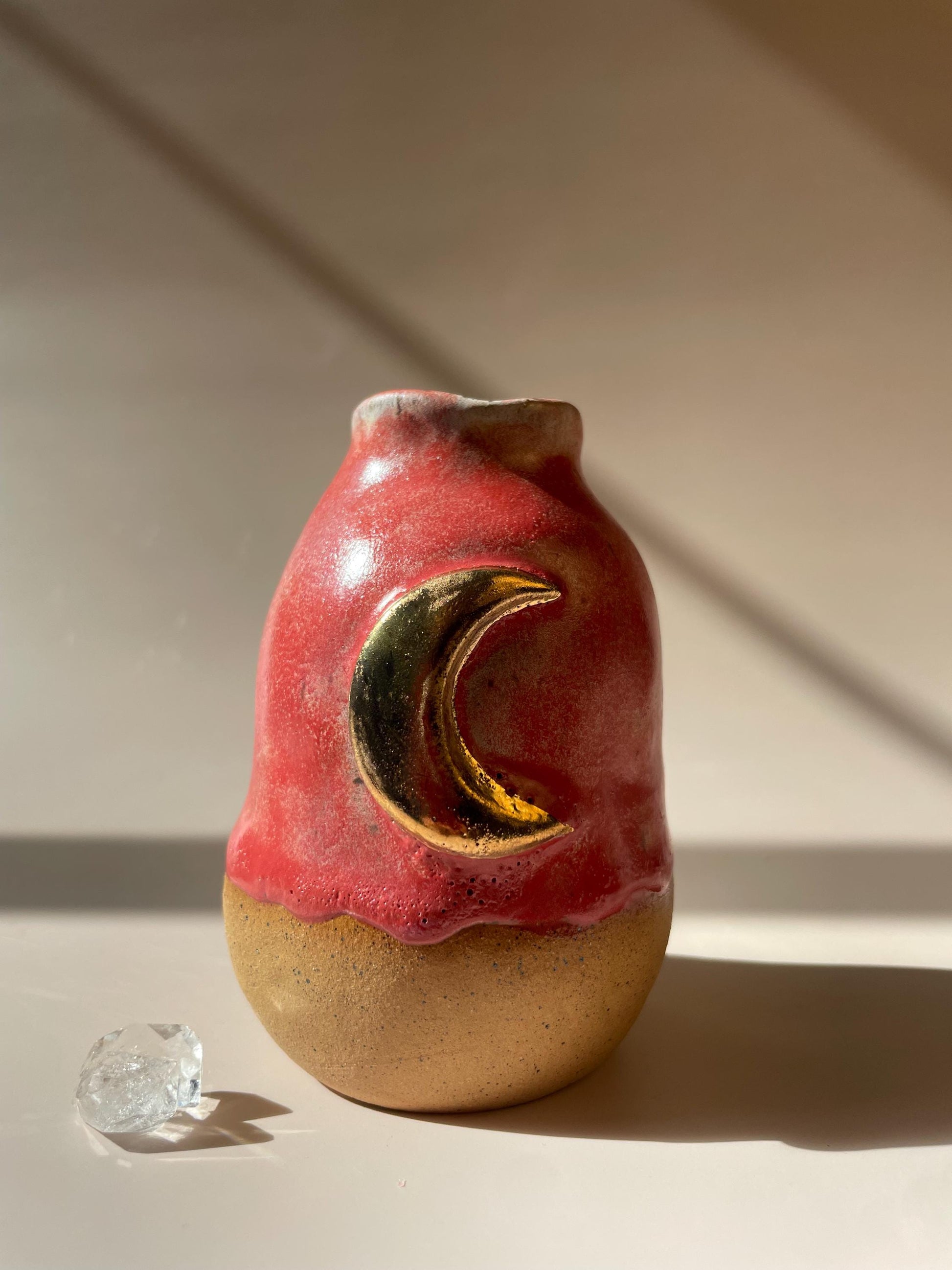 Crescent Moon Vase — Handbuilt Honey Clay Vessel with Pink Glaze and Gold Luster Moon