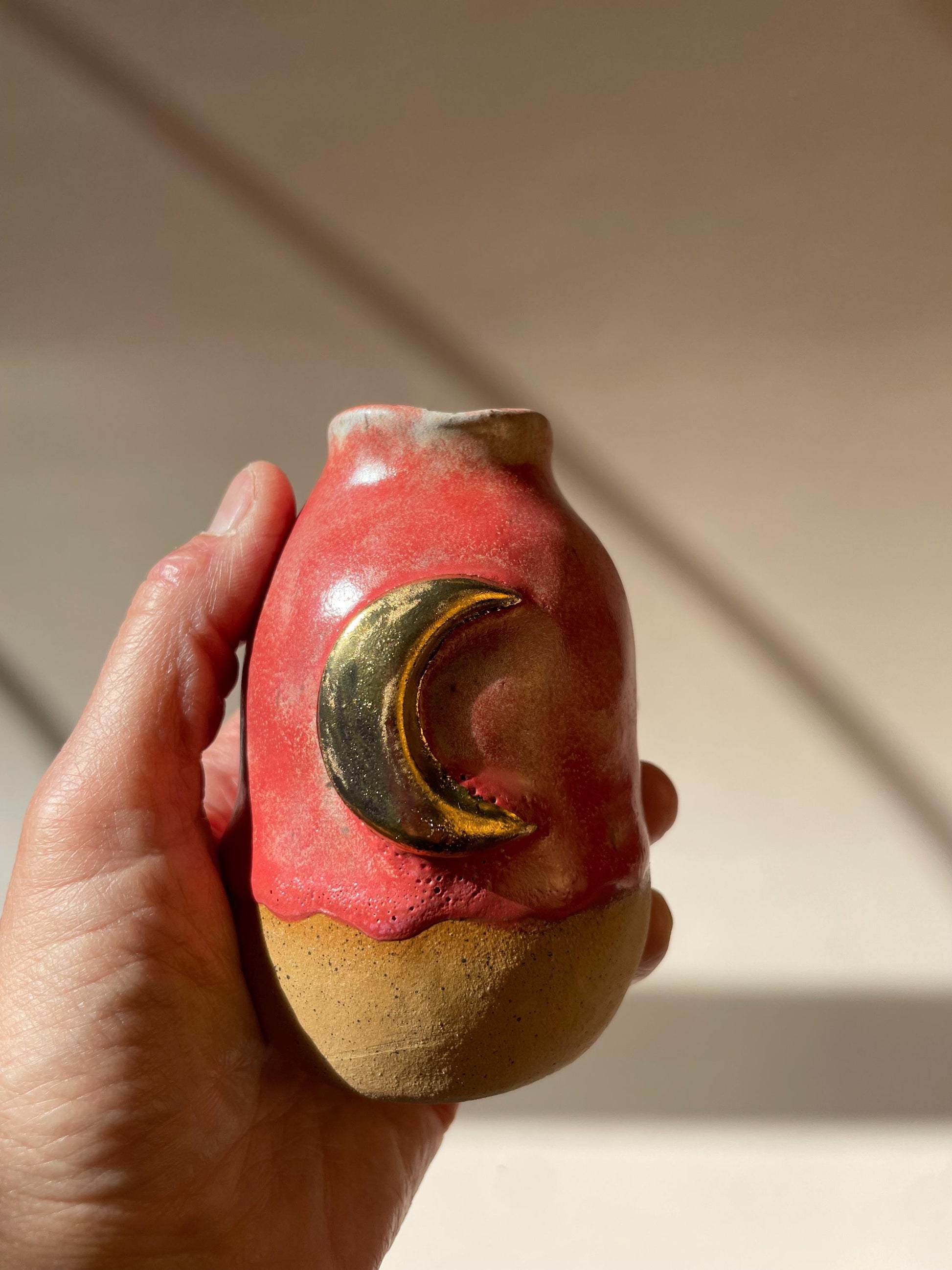 Crescent Moon Vase — Handbuilt Honey Clay Vessel with Pink Glaze and Gold Luster Moon