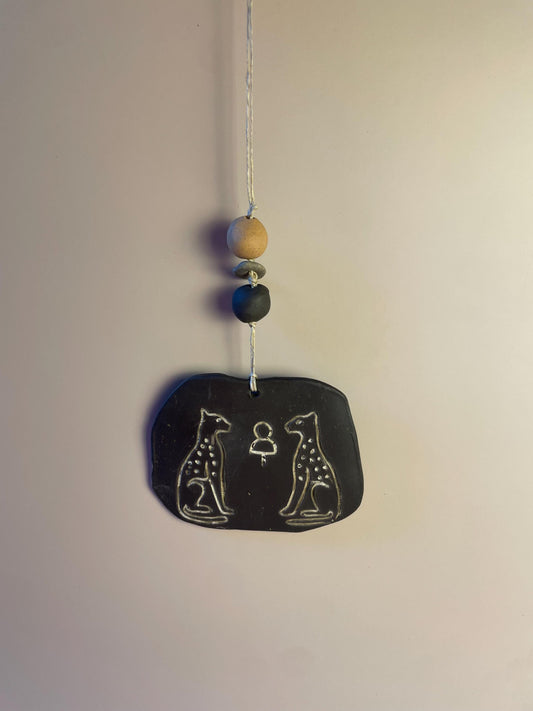 Inanna’s Guardians | Ceramic Wall Talisman with Cheetahs, Berkana Rune Bead & Hag Stone