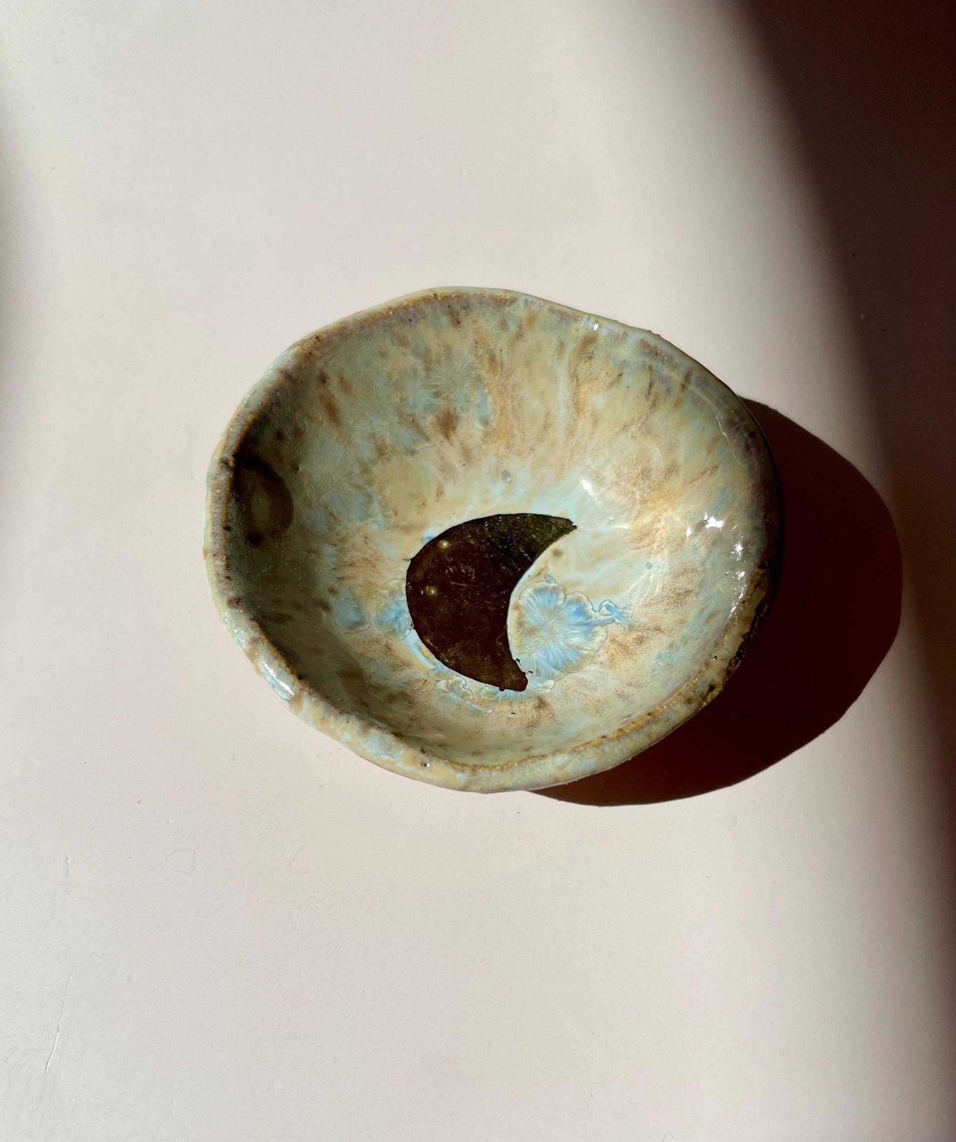 Mini Ritual Moon Bowl – Sea Glass Glaze with Gold Luster Crescent Moon