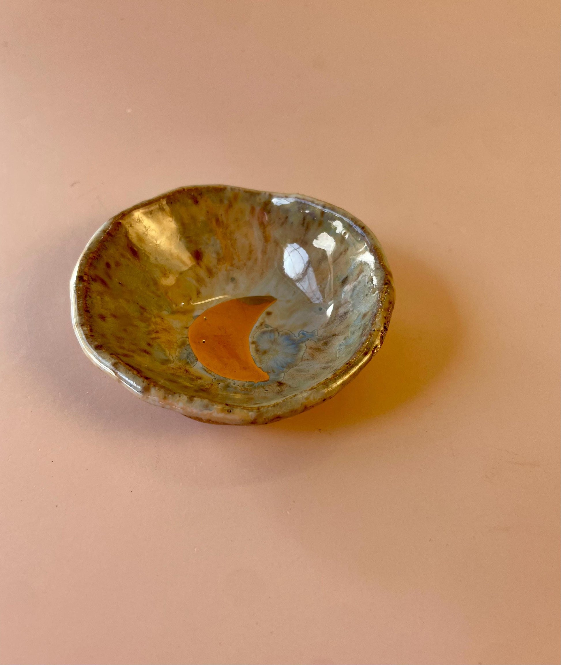 Mini Ritual Moon Bowl – Sea Glass Glaze with Gold Luster Crescent Moon