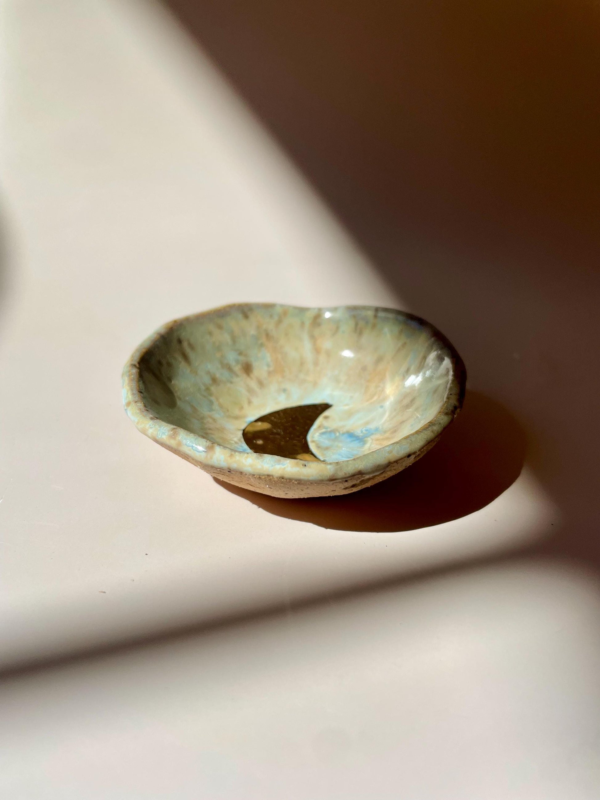 Mini Ritual Moon Bowl – Sea Glass Glaze with Gold Luster Crescent Moon