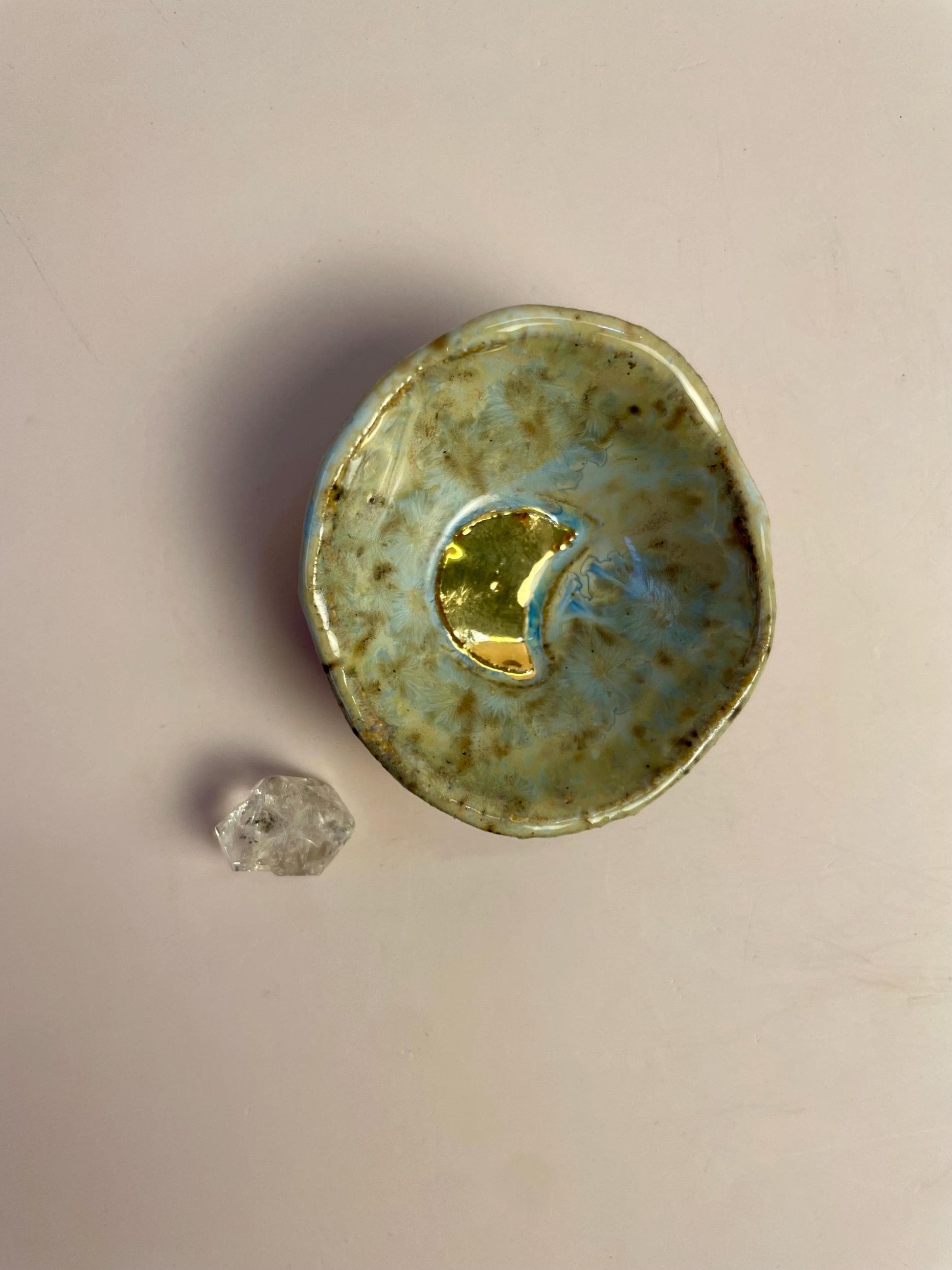 Tiny Ritual Moon Bowl – Blue Crystalline Glaze with Gold Luster Crescent Moon