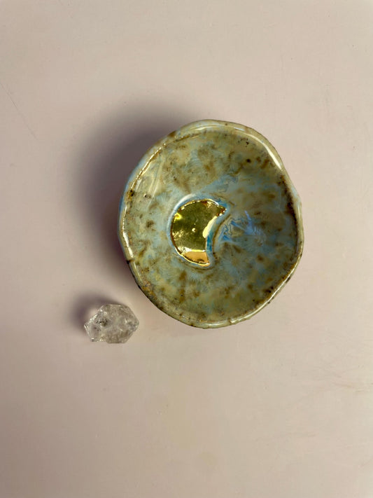 Tiny Ritual Moon Bowl – Blue Crystalline Glaze with Gold Luster Crescent Moon