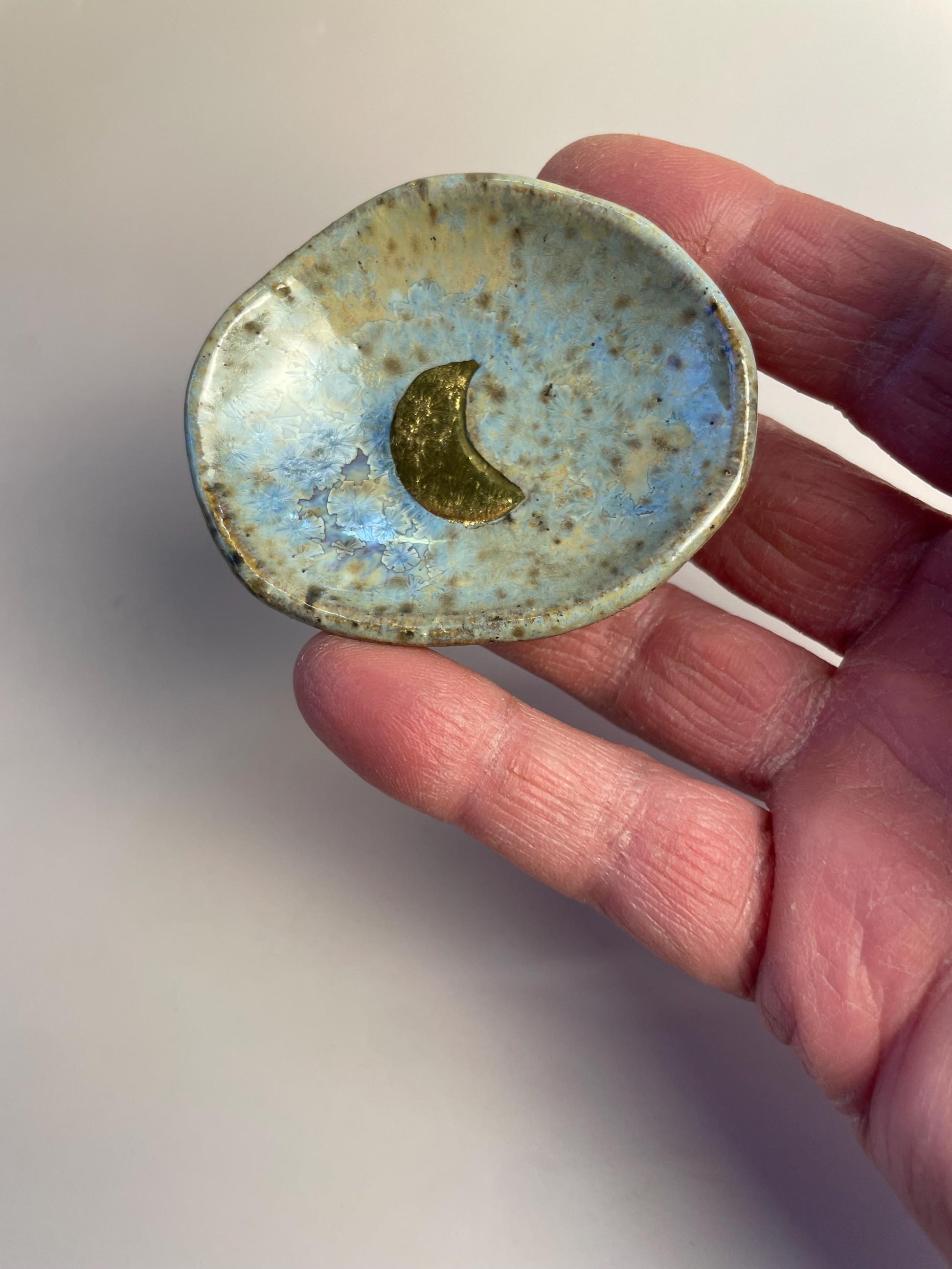Mini Ritual Moon Dish – Sea Glass Crystalline Glaze with Gold Luster Crescent Moon