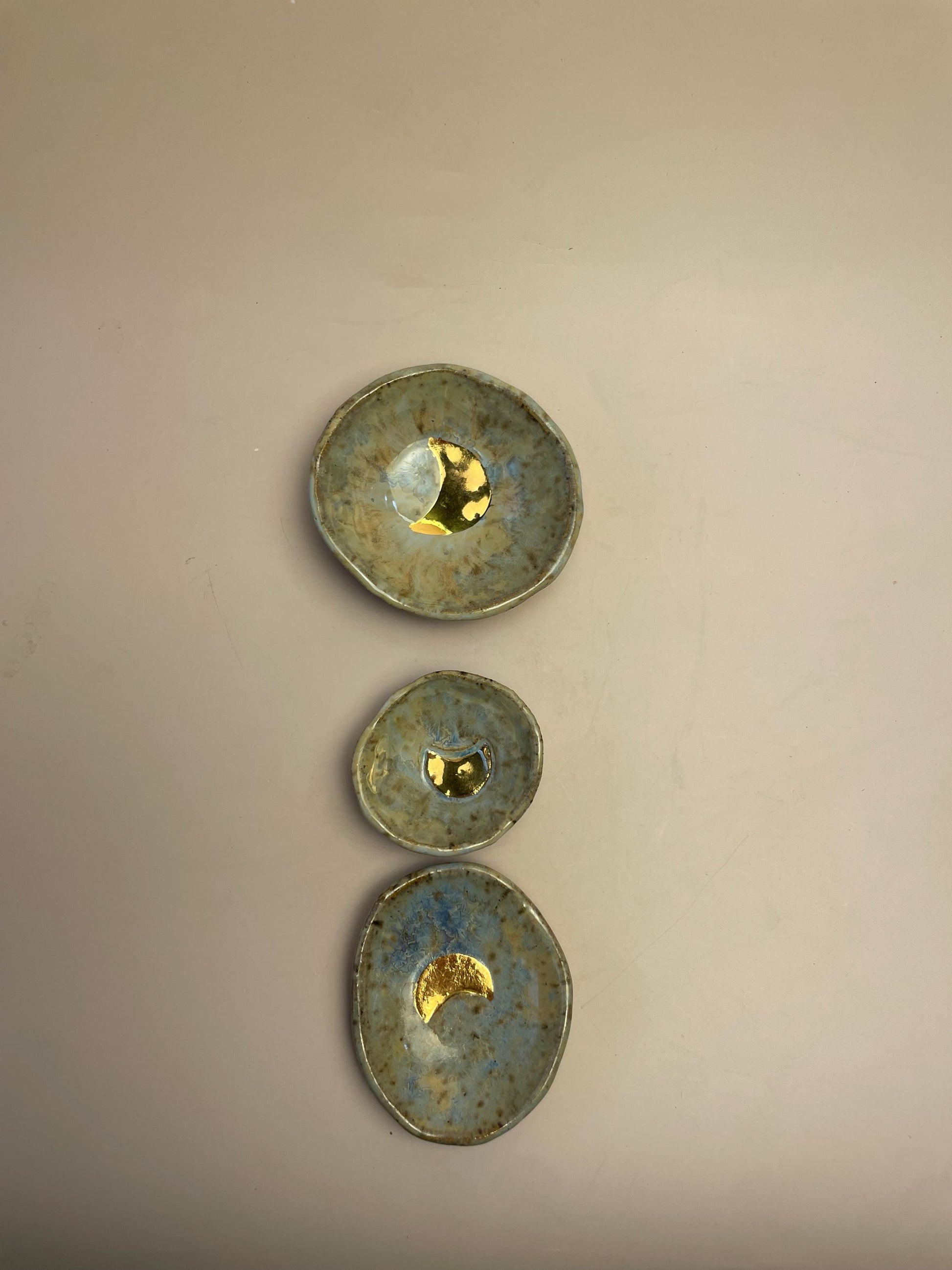 Mini Ritual Moon Dish – Sea Glass Crystalline Glaze with Gold Luster Crescent Moon