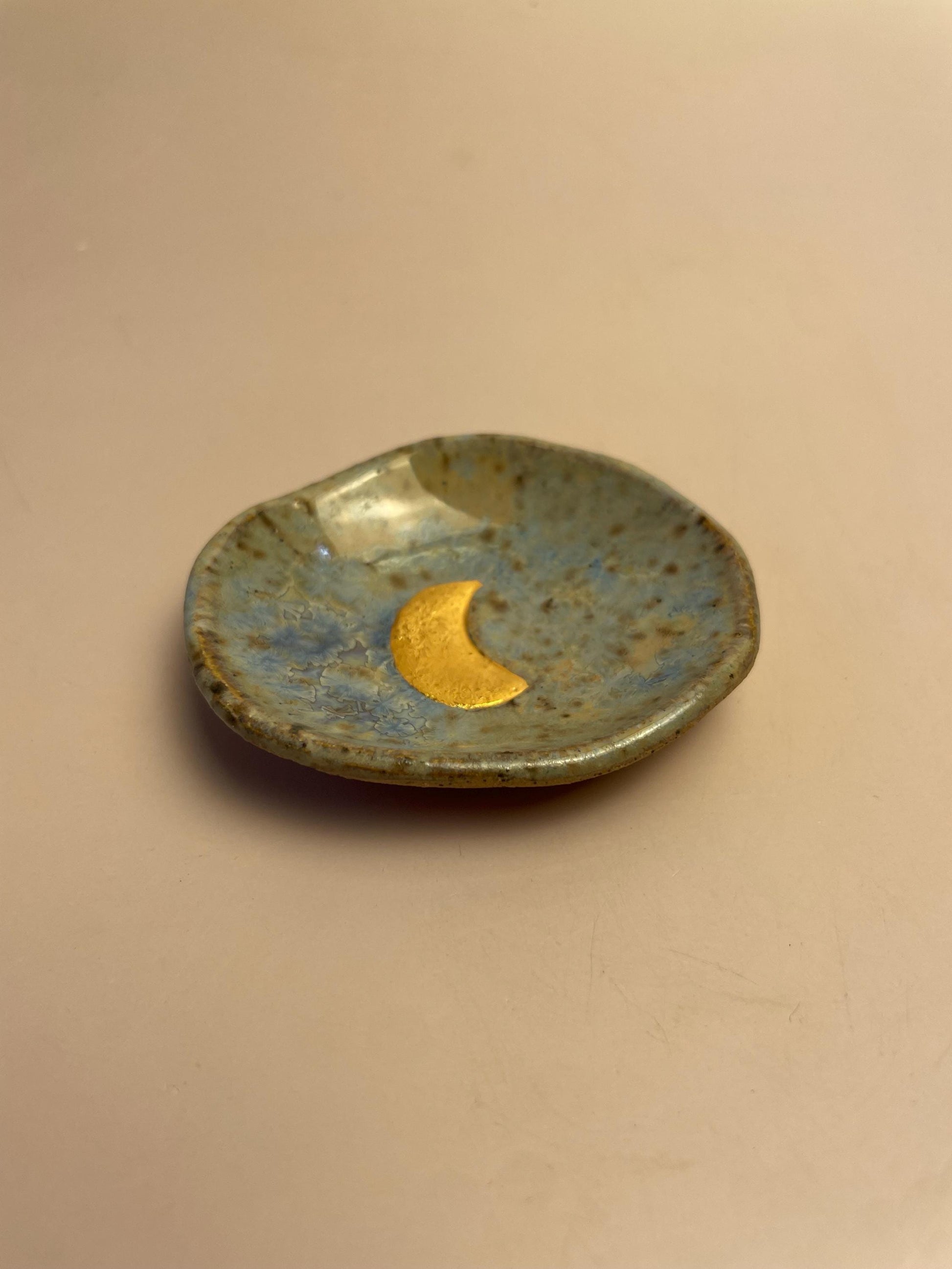 Mini Ritual Moon Dish – Sea Glass Crystalline Glaze with Gold Luster Crescent Moon