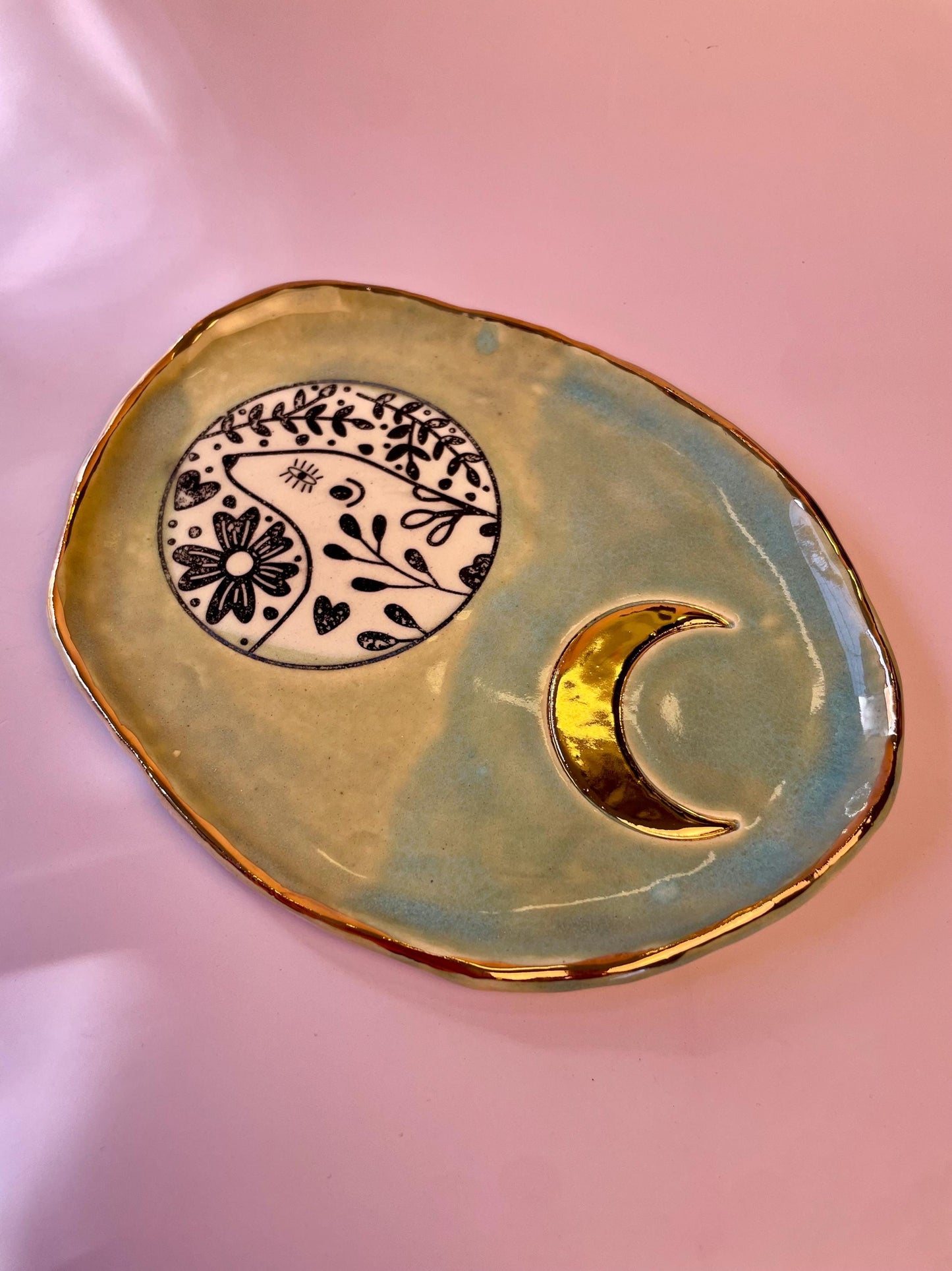 Handmade Ceramic Dish Bear and Crescent Moon Design with Gold Luster | Ritual Jewelry Dish or Decorative Art