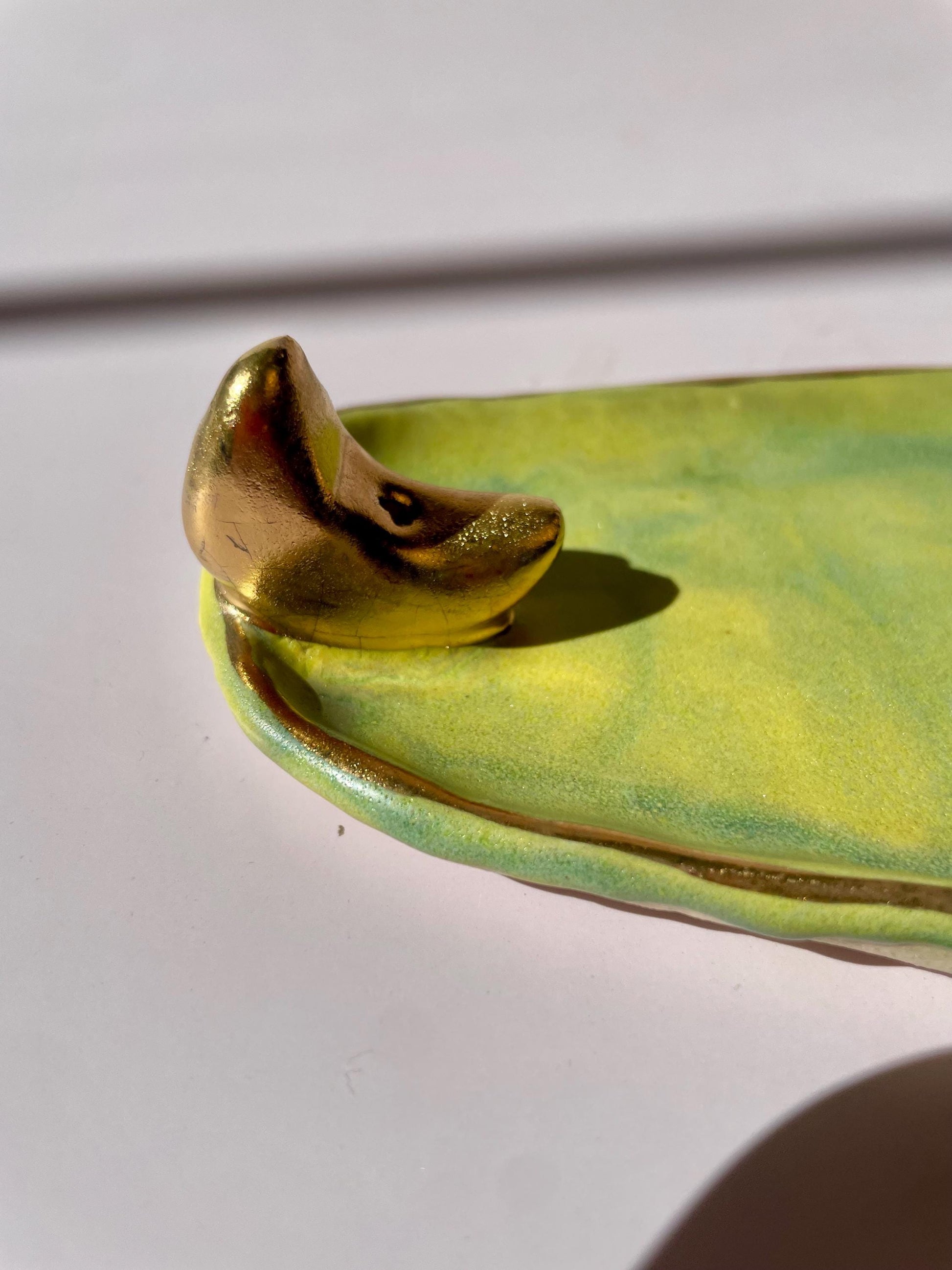 Handmade Ceramic Incense Holder with Gold Luster Moon – Dual Use Incense Burner and Trinket Dish