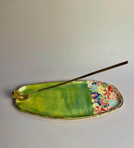 Handmade Ceramic Incense Holder with Gold Luster Moon – Dual Use Incense Burner and Trinket Dish