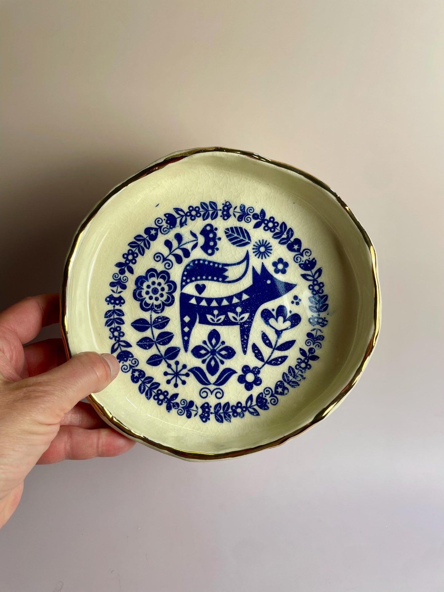 Handmade Ceramic Bowl – Cobalt Fox Design with Gold Luster Rim – Hand-Built White Clay