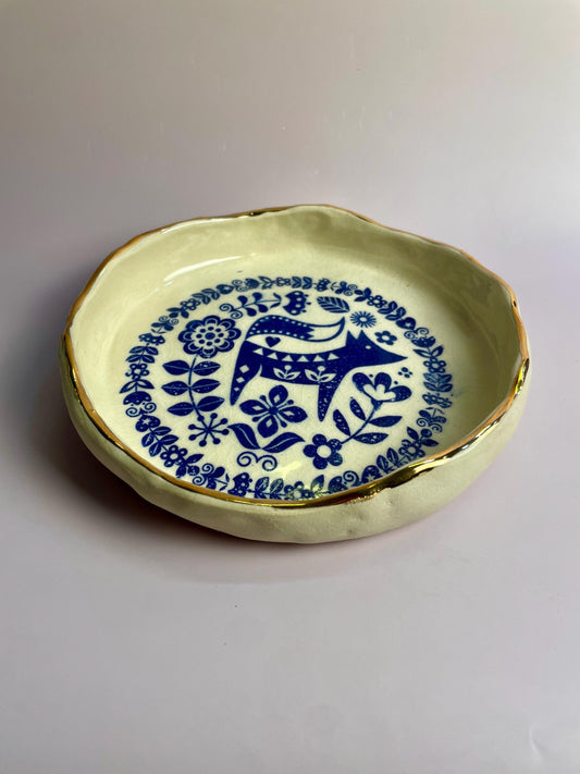 Handmade Ceramic Bowl – Cobalt Fox Design with Gold Luster Rim – Hand-Built White Clay