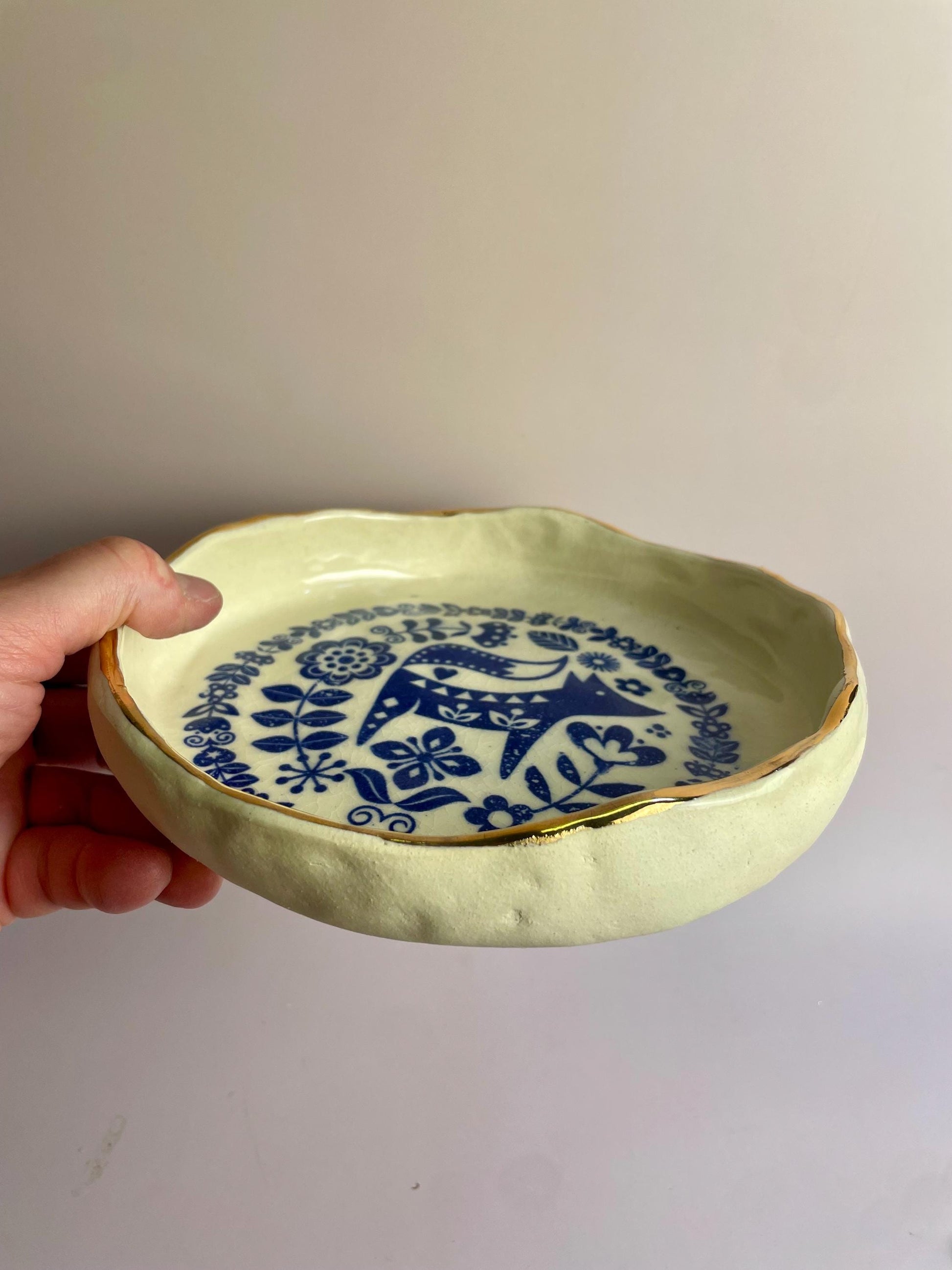 Handmade Ceramic Bowl – Cobalt Fox Design with Gold Luster Rim – Hand-Built White Clay