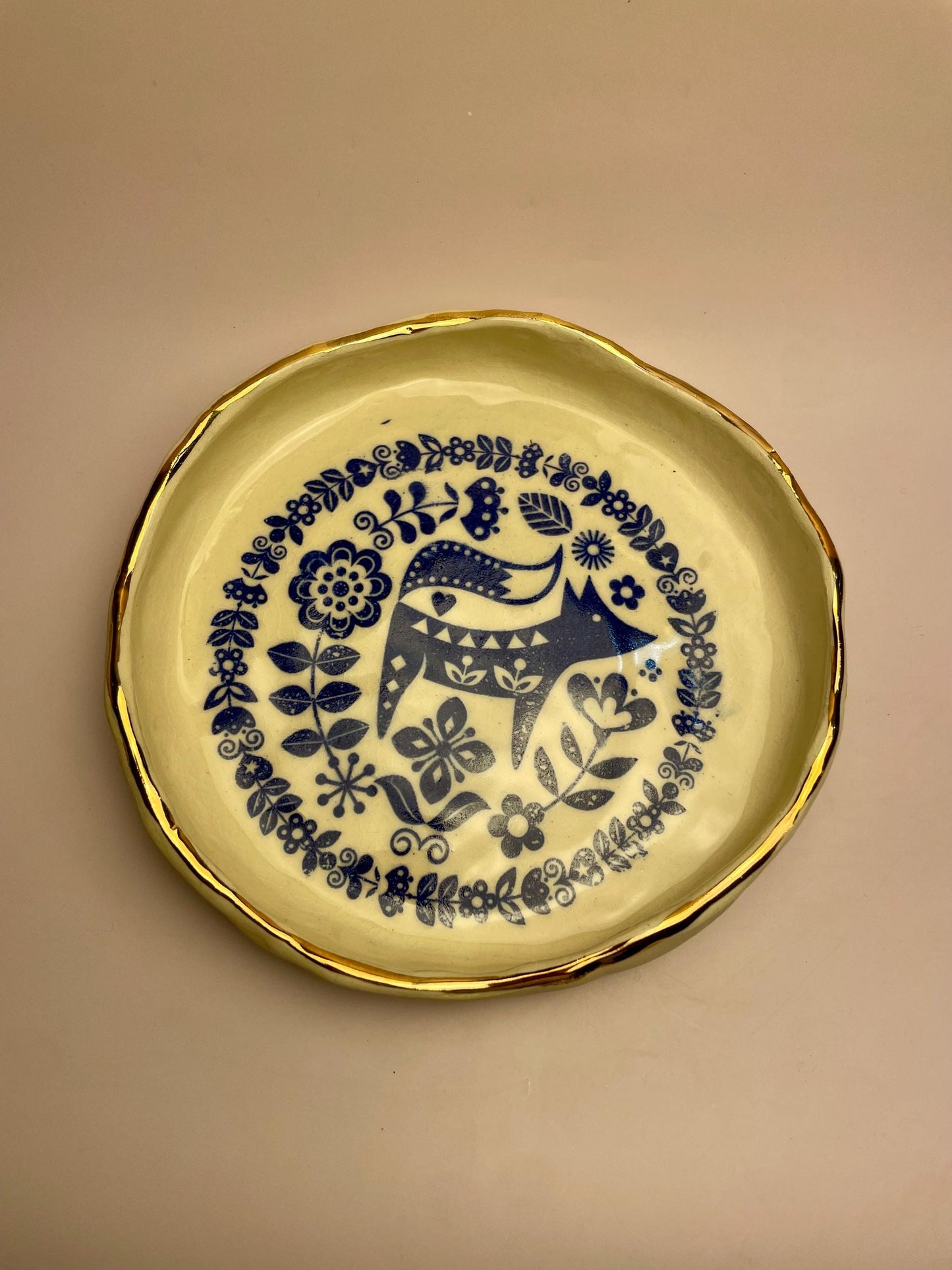 Handmade Ceramic Bowl – Cobalt Fox Design with Gold Luster Rim – Hand-Built White Clay
