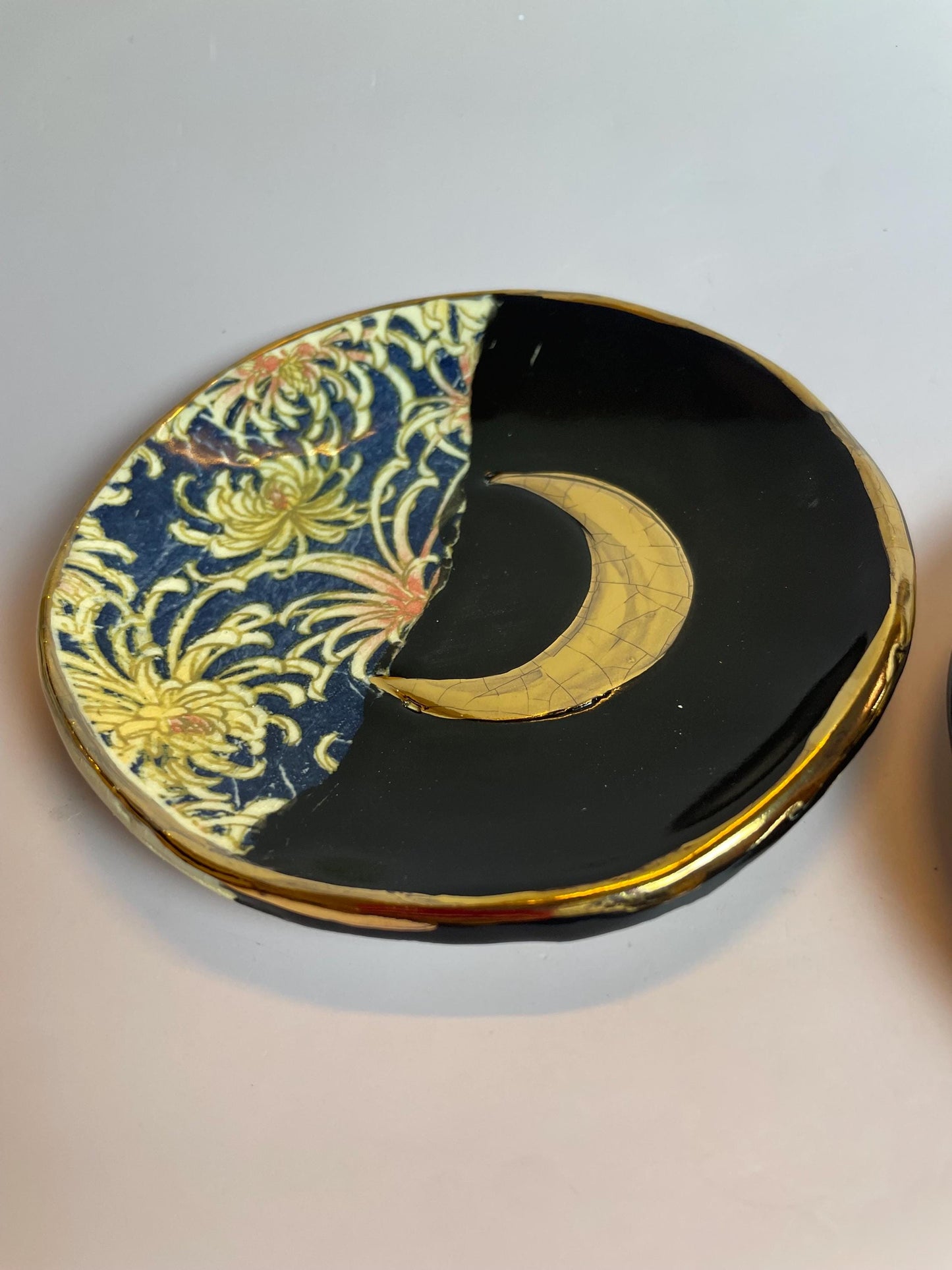 Moon and Flower Ceramic Trinket Dish – Black Gloss Glaze with Gold Luster Crescent – Ritual and Decorative Art
