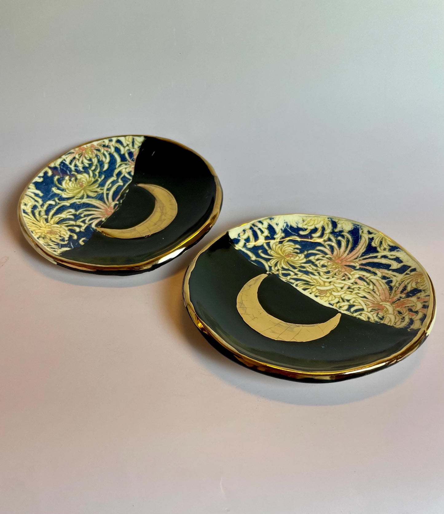 Moon and Flower Ceramic Trinket Dish – Black Gloss Glaze with Gold Luster Crescent – Ritual and Decorative Art