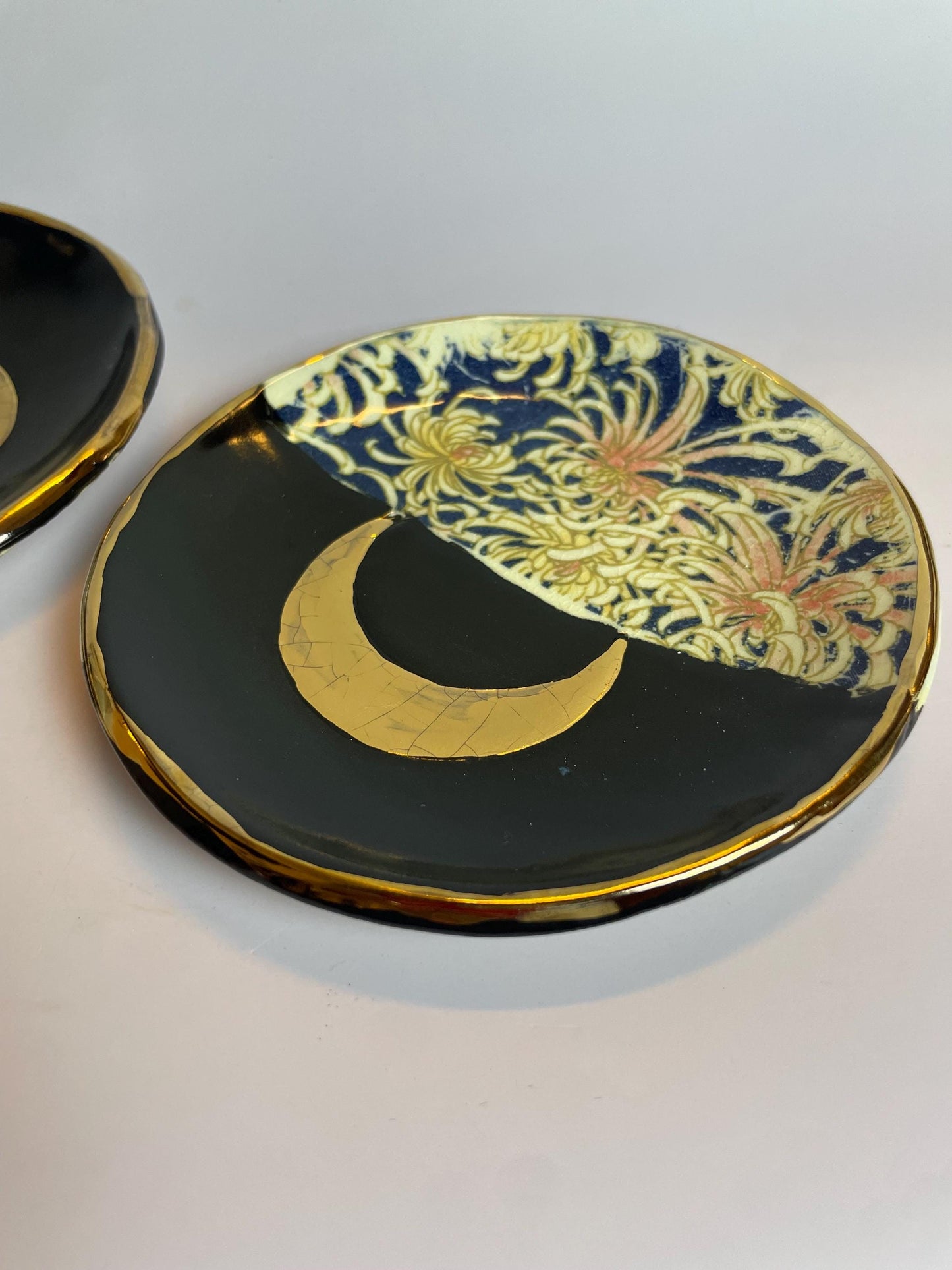 Moon and Flower Ceramic Trinket Dish – Black Gloss Glaze with Gold Luster Crescent – Ritual and Decorative Art