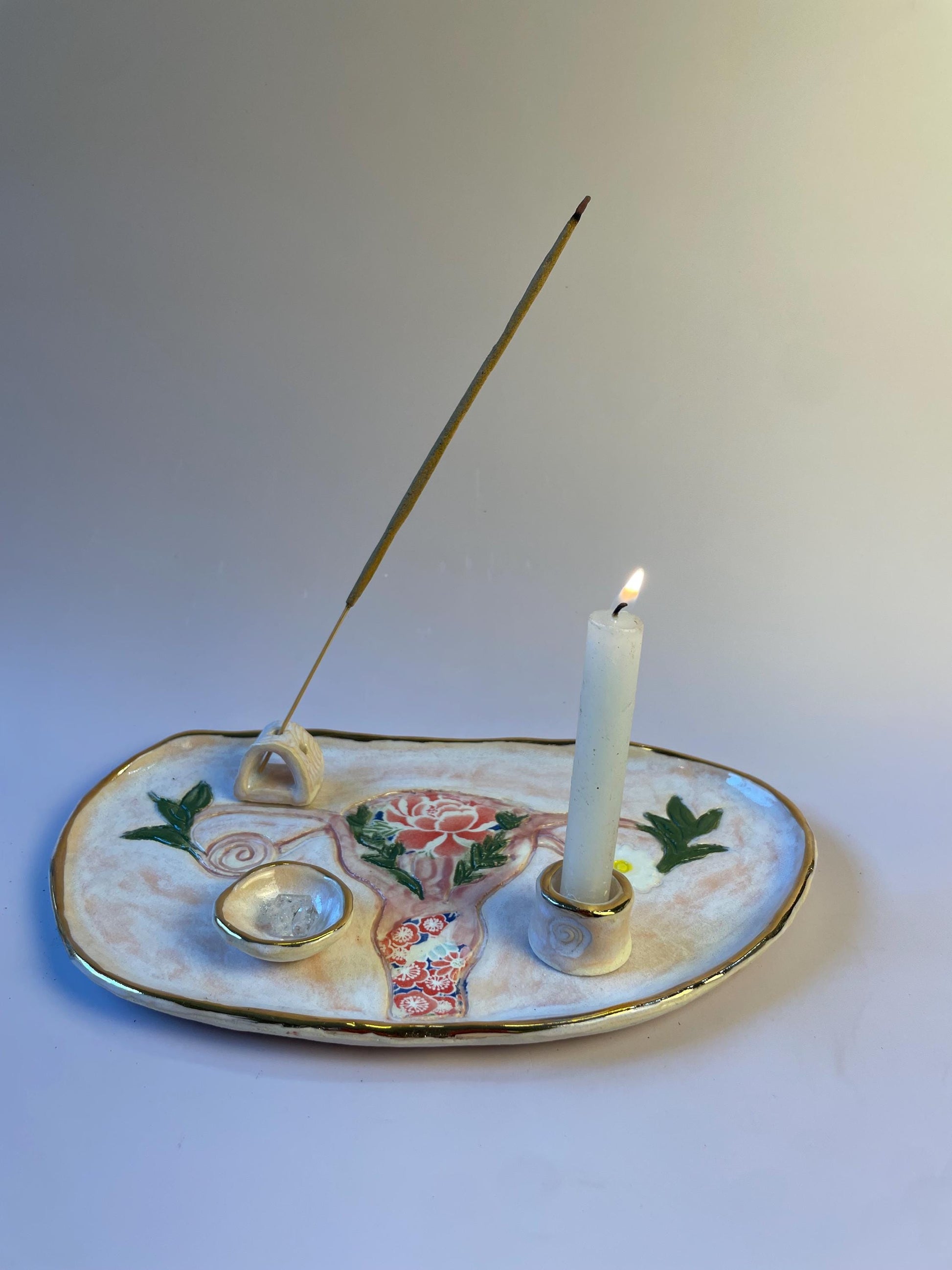 Divine Feminine Ritual Set – Sacred Womb Bowl, Incense & Candle Holders – Gold‑Lined, Healing Ceramic Art