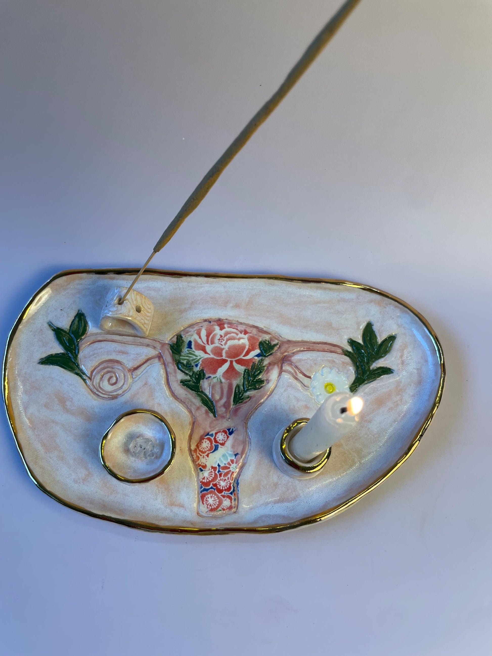 Divine Feminine Ritual Set – Sacred Womb Bowl, Incense & Candle Holders – Gold‑Lined, Healing Ceramic Art