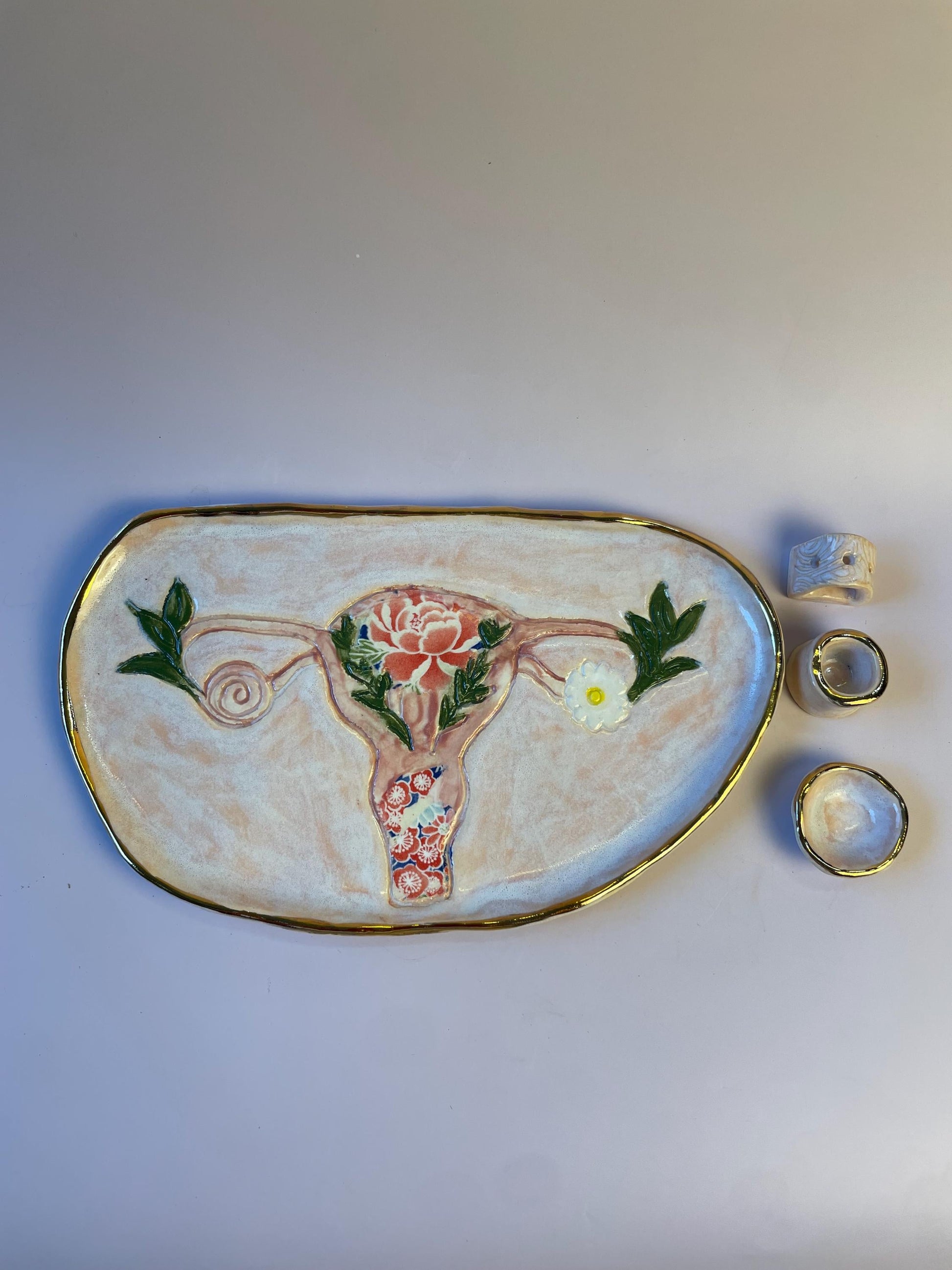 Divine Feminine Ritual Set – Sacred Womb Bowl, Incense & Candle Holders – Gold‑Lined, Healing Ceramic Art