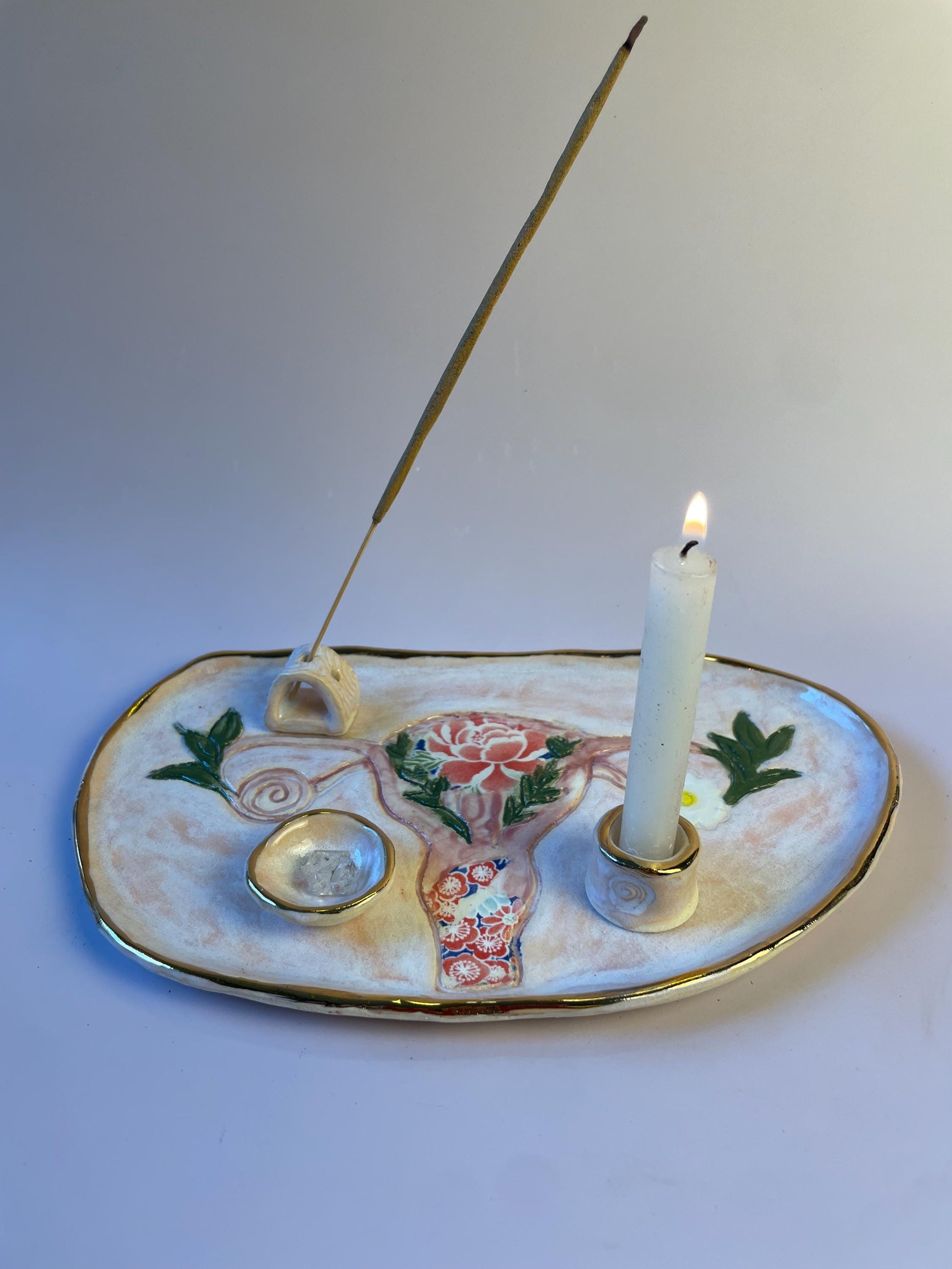 Divine Feminine Ritual Set – Sacred Womb Bowl, Incense & Candle Holders – Gold‑Lined, Healing Ceramic Art