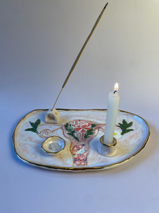 Divine Feminine Ritual Set – Sacred Womb Bowl, Incense & Candle Holders – Gold‑Lined, Healing Ceramic Art
