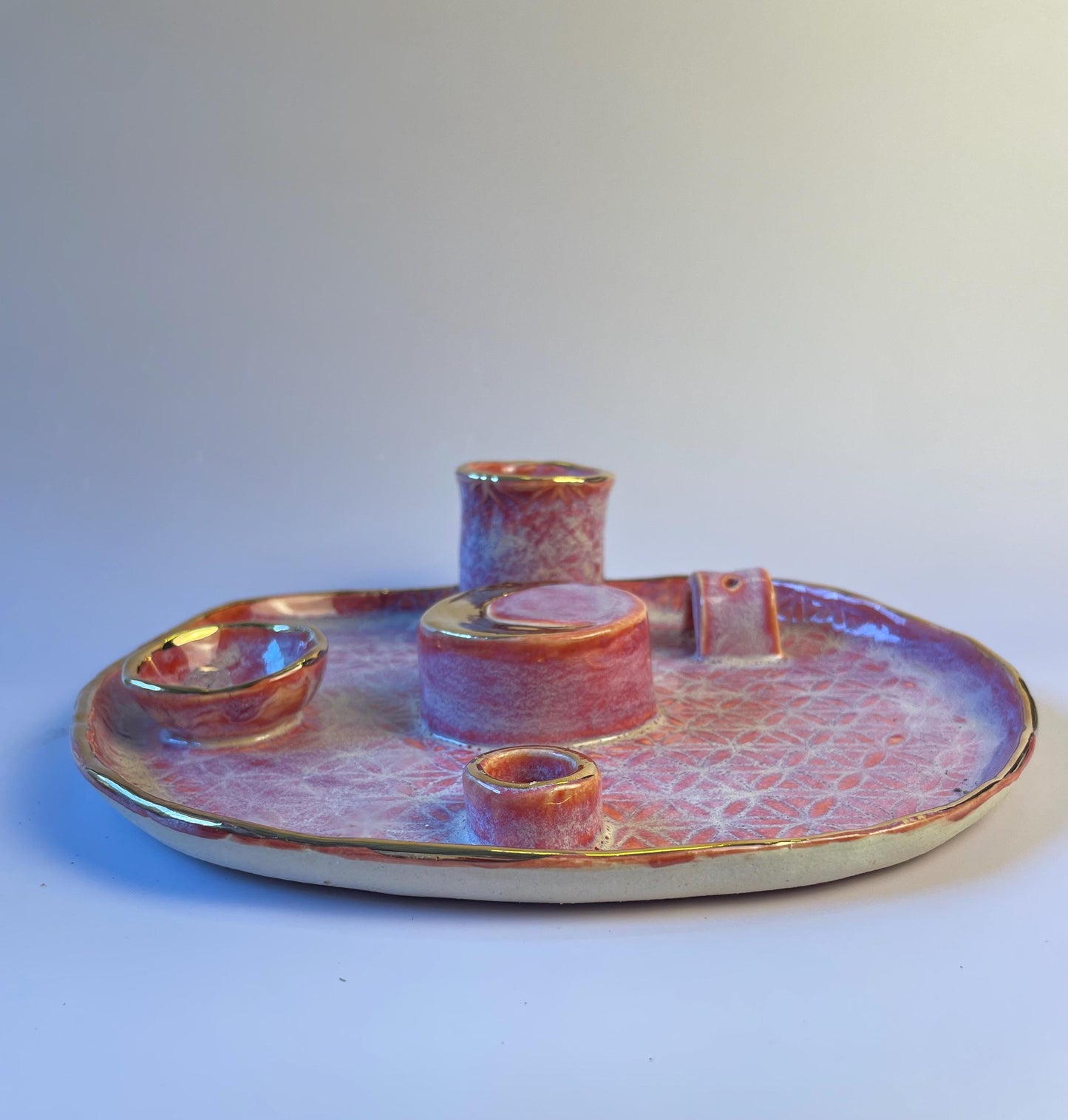 Handmade ceramic four element ritual dish with flower of life and gold crescent moon