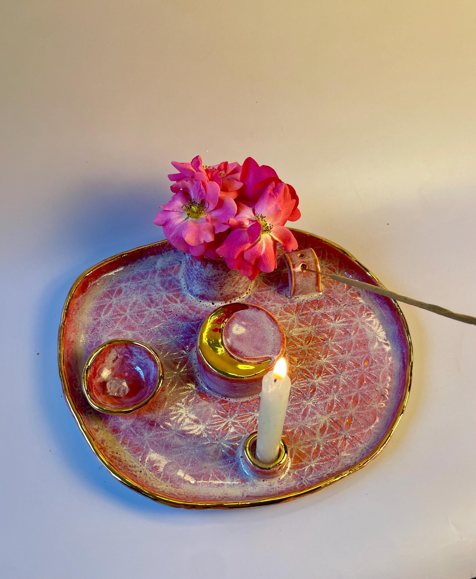 Handmade ceramic four element ritual dish with flower of life and gold crescent moon