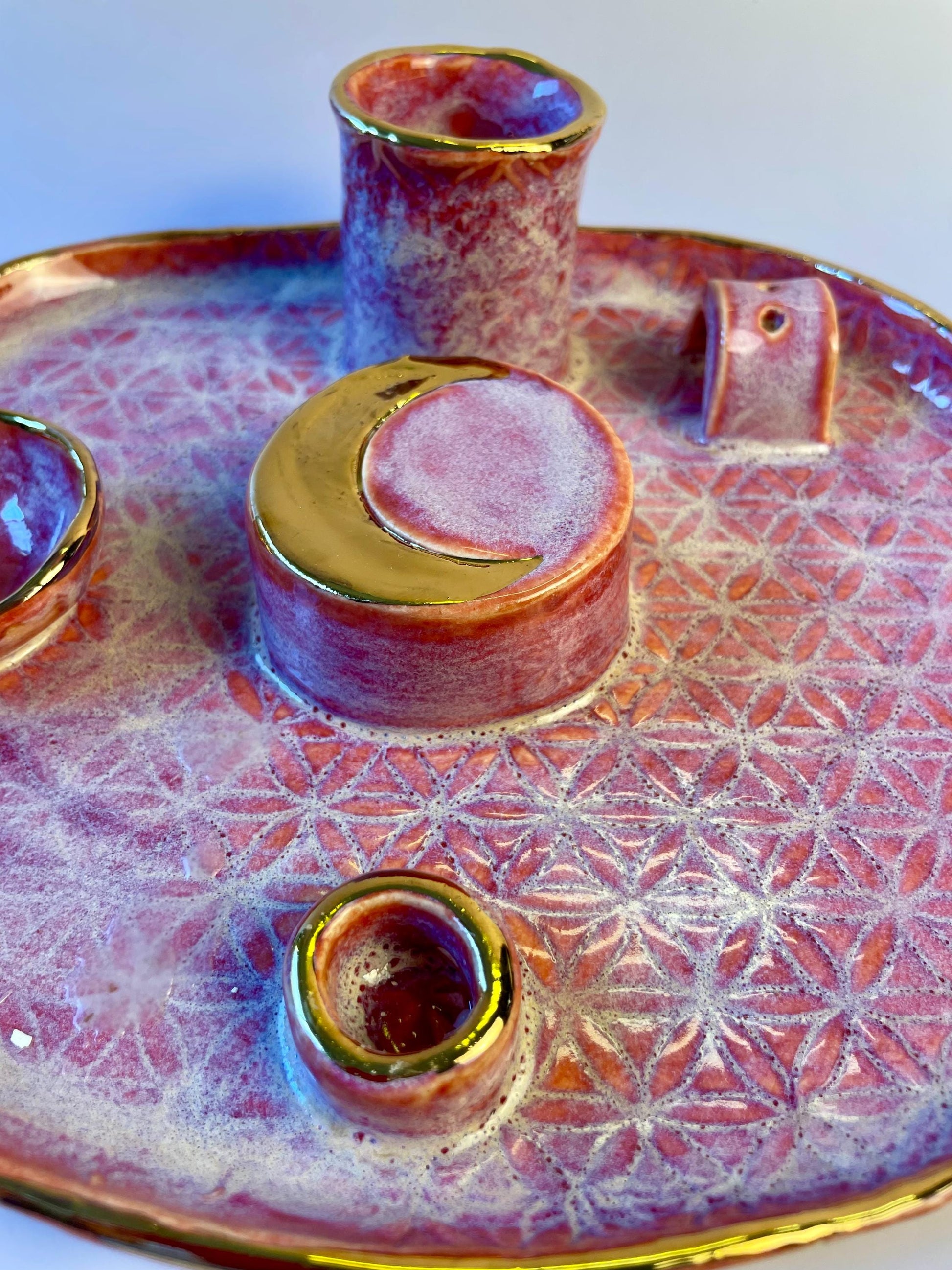 Handmade ceramic four element ritual dish with flower of life and gold crescent moon