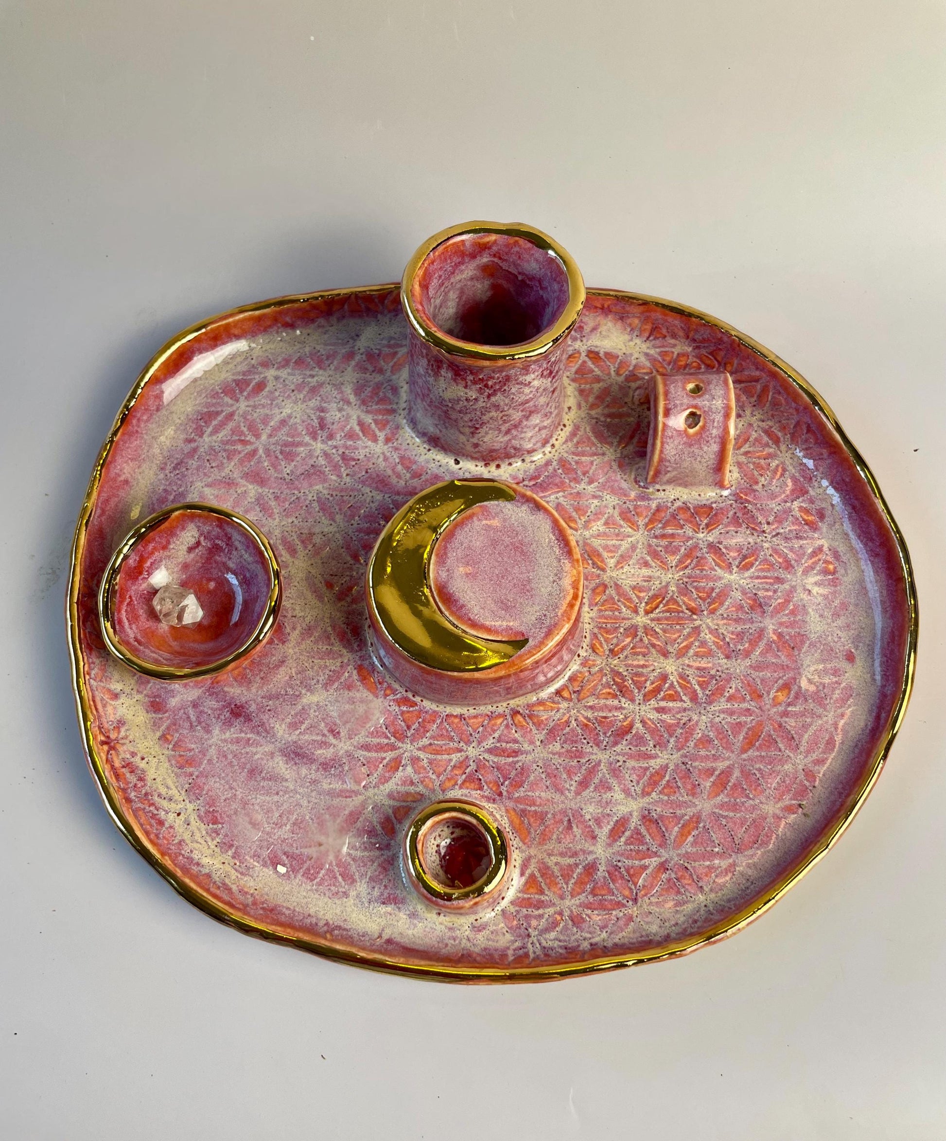Handmade ceramic four element ritual dish with flower of life and gold crescent moon