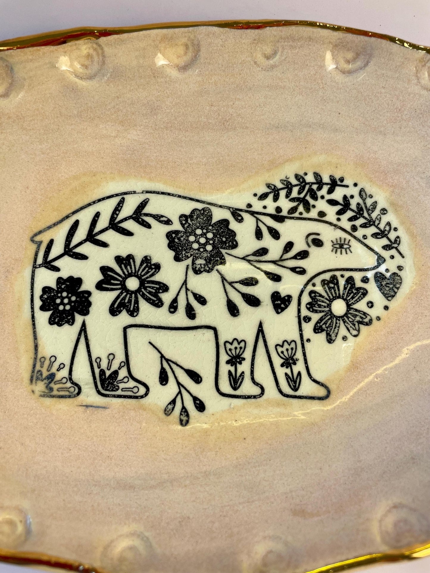 Handmade Ceramic Bear Dish – Oval Blush Pink Plate with Gold Rim – Decorative or Food-Safe Serving Dish