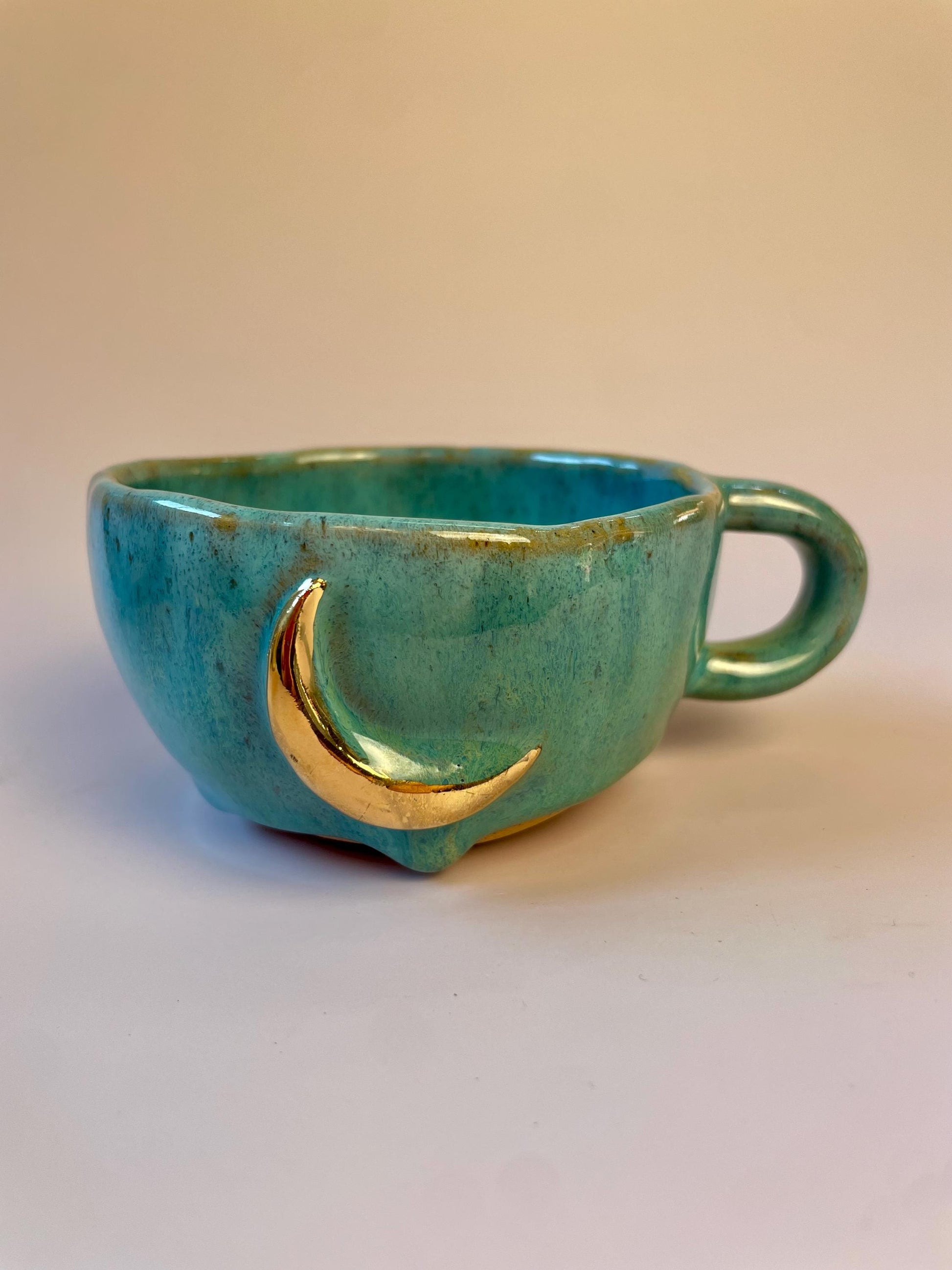 Turquoise gold crescent moon handmade ceramic mug or bowl