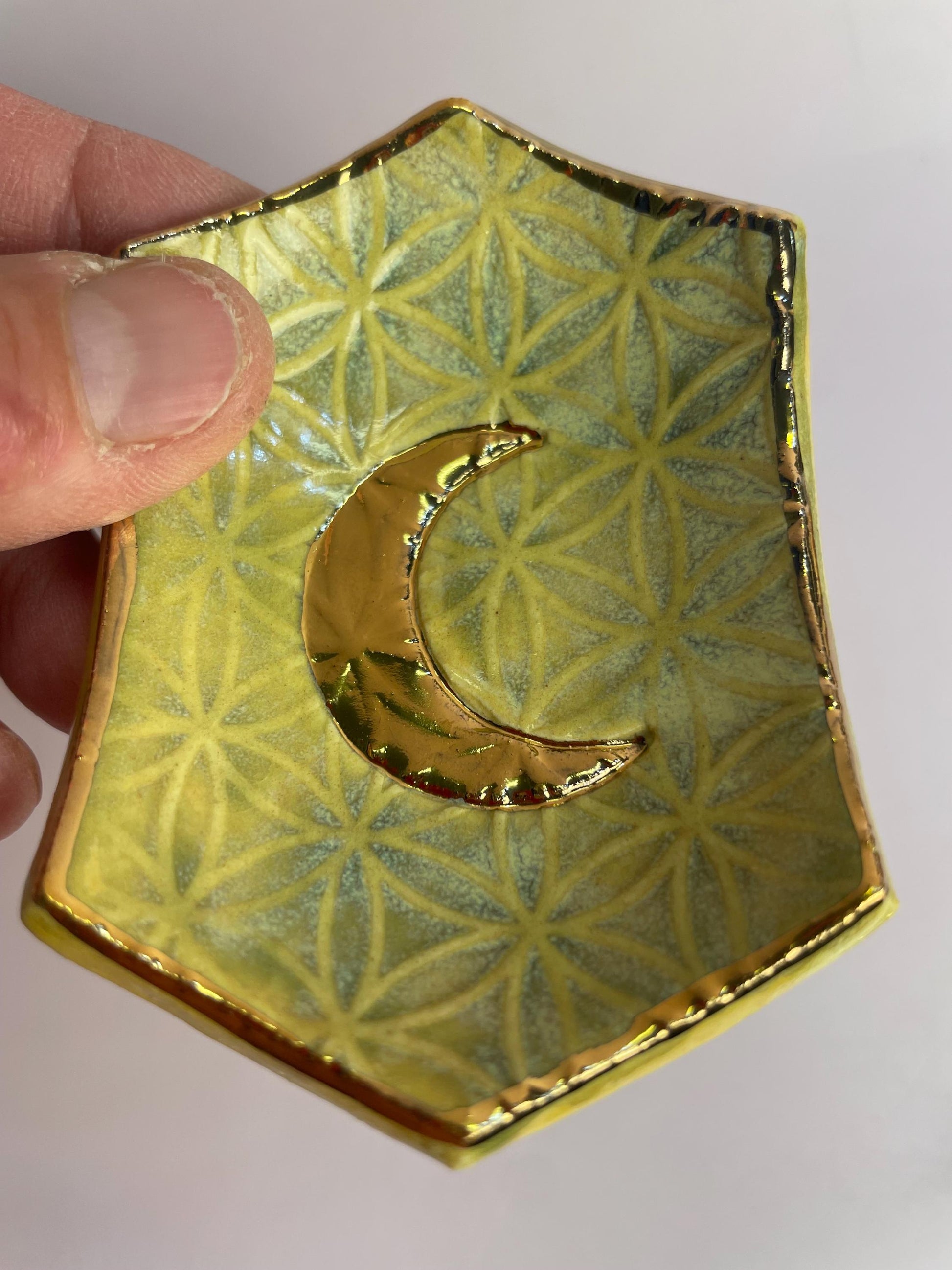 Hexagon Ring Dish with Gold Crescent Moon – Flower of Life Sacred Geometry – Turquoise, Indigo, or Lemon Yellow