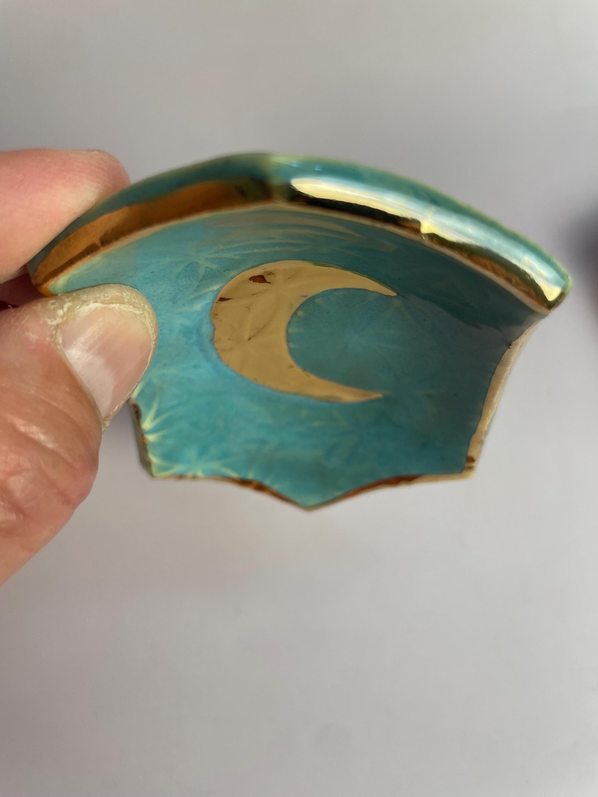 Hexagon Ring Dish with Gold Crescent Moon – Flower of Life Sacred Geometry – Turquoise, Indigo, or Lemon Yellow