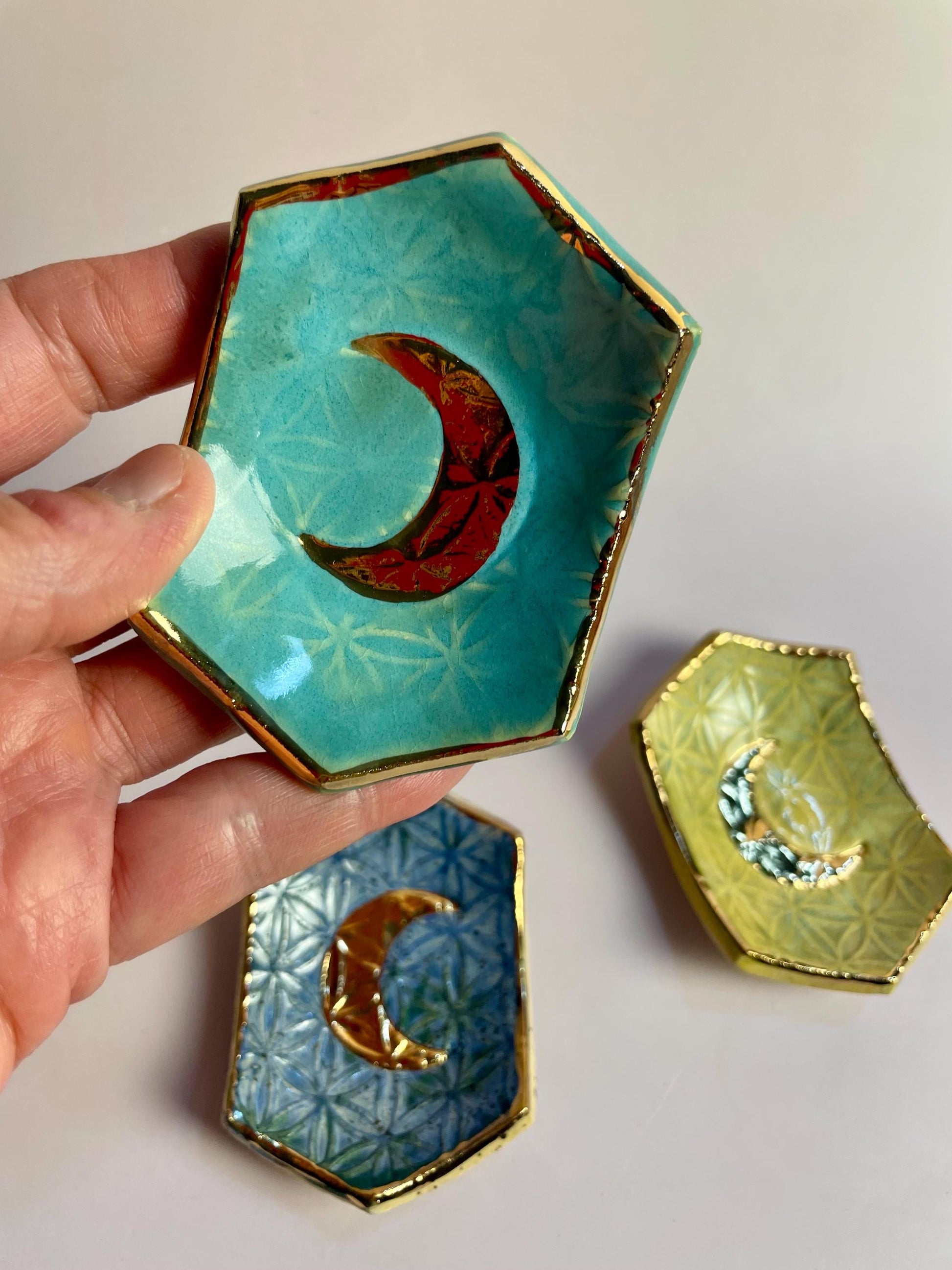Hexagon Ring Dish with Gold Crescent Moon – Flower of Life Sacred Geometry – Turquoise, Indigo, or Lemon Yellow