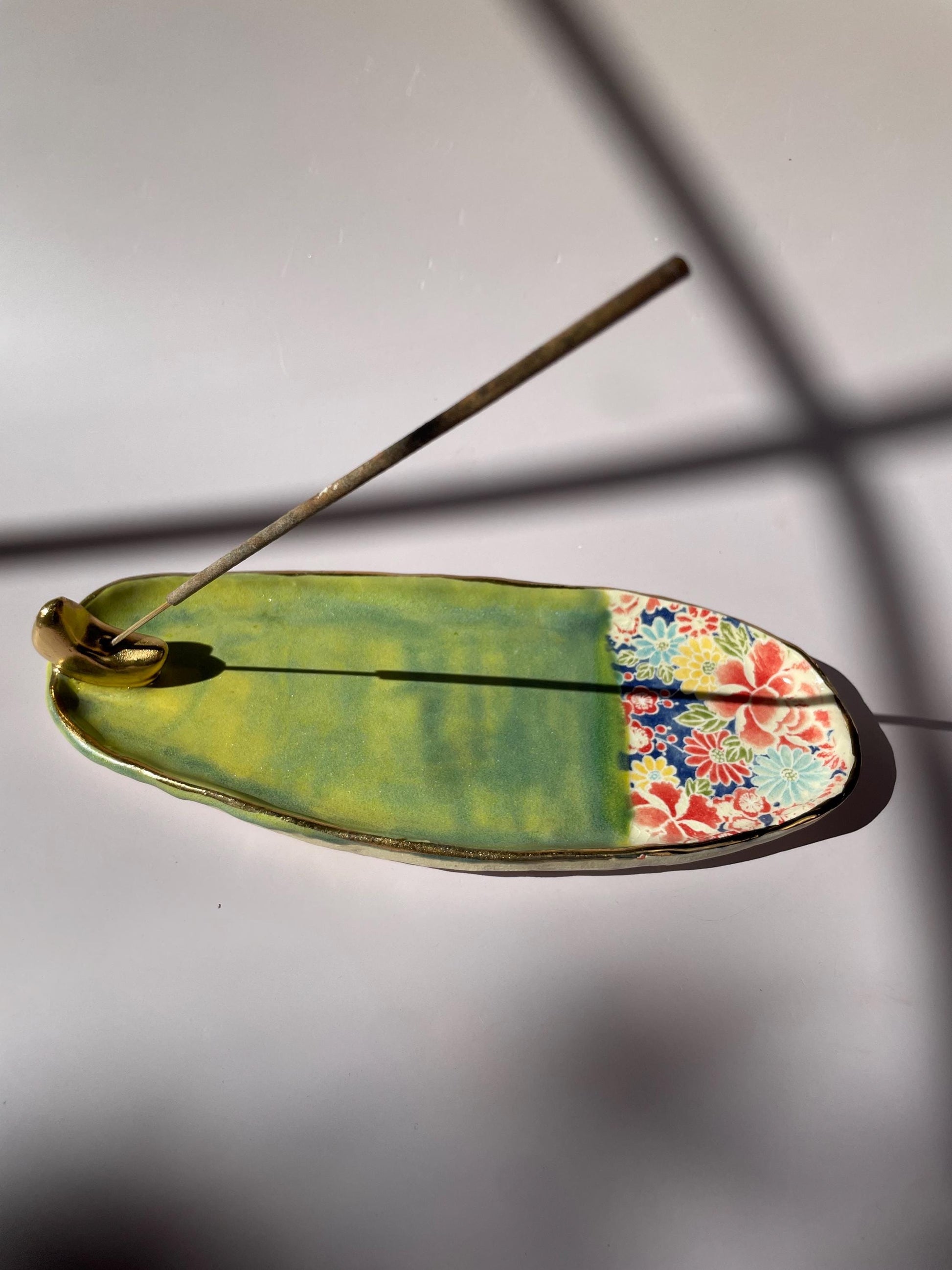 Handmade Ceramic Incense Holder with Gold Luster Moon – Dual Use Incense Burner and Trinket Dish