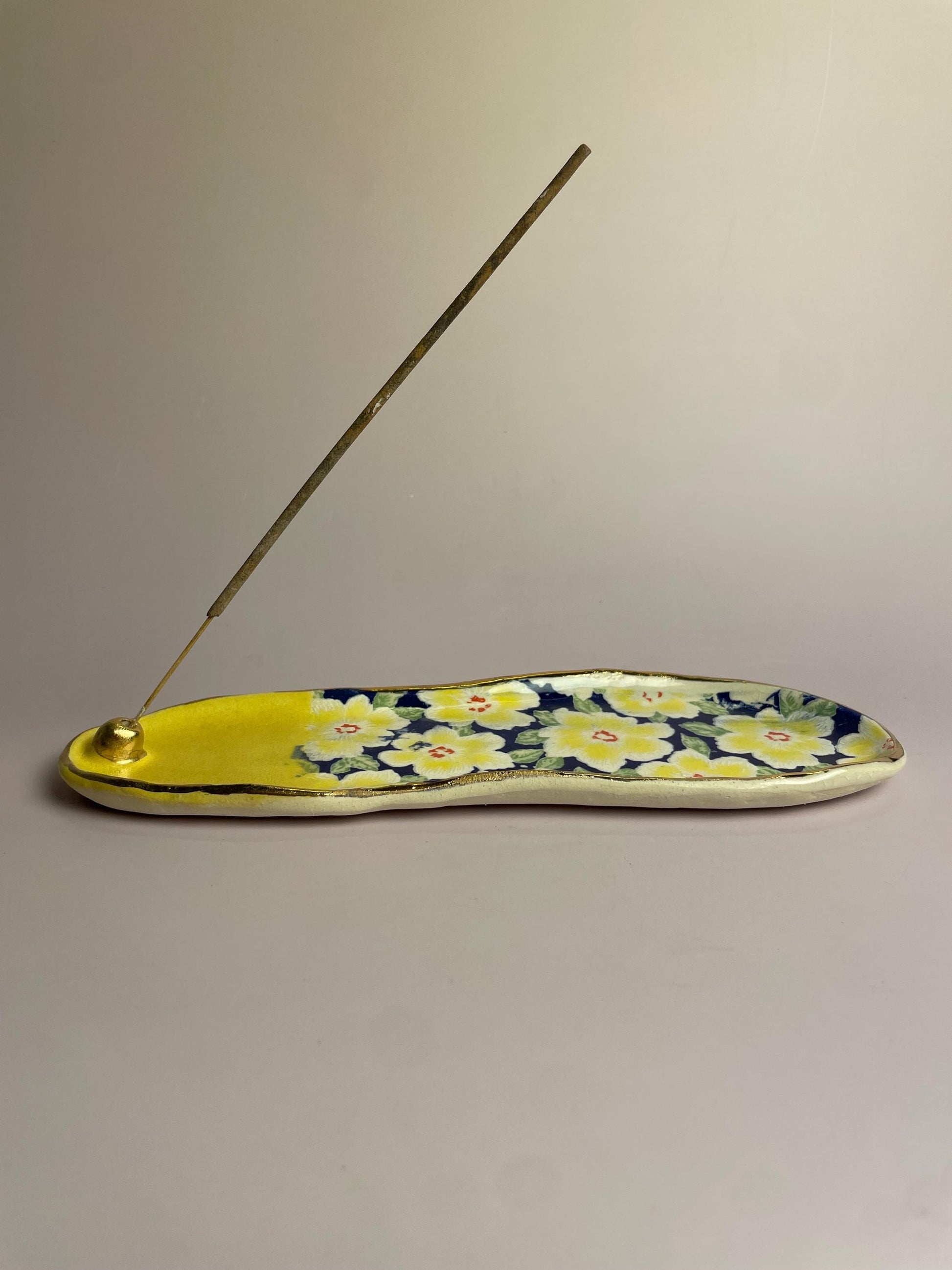Handmade Ceramic Incense Holder – Lemon Yellow & Floral Design with Gold Luster