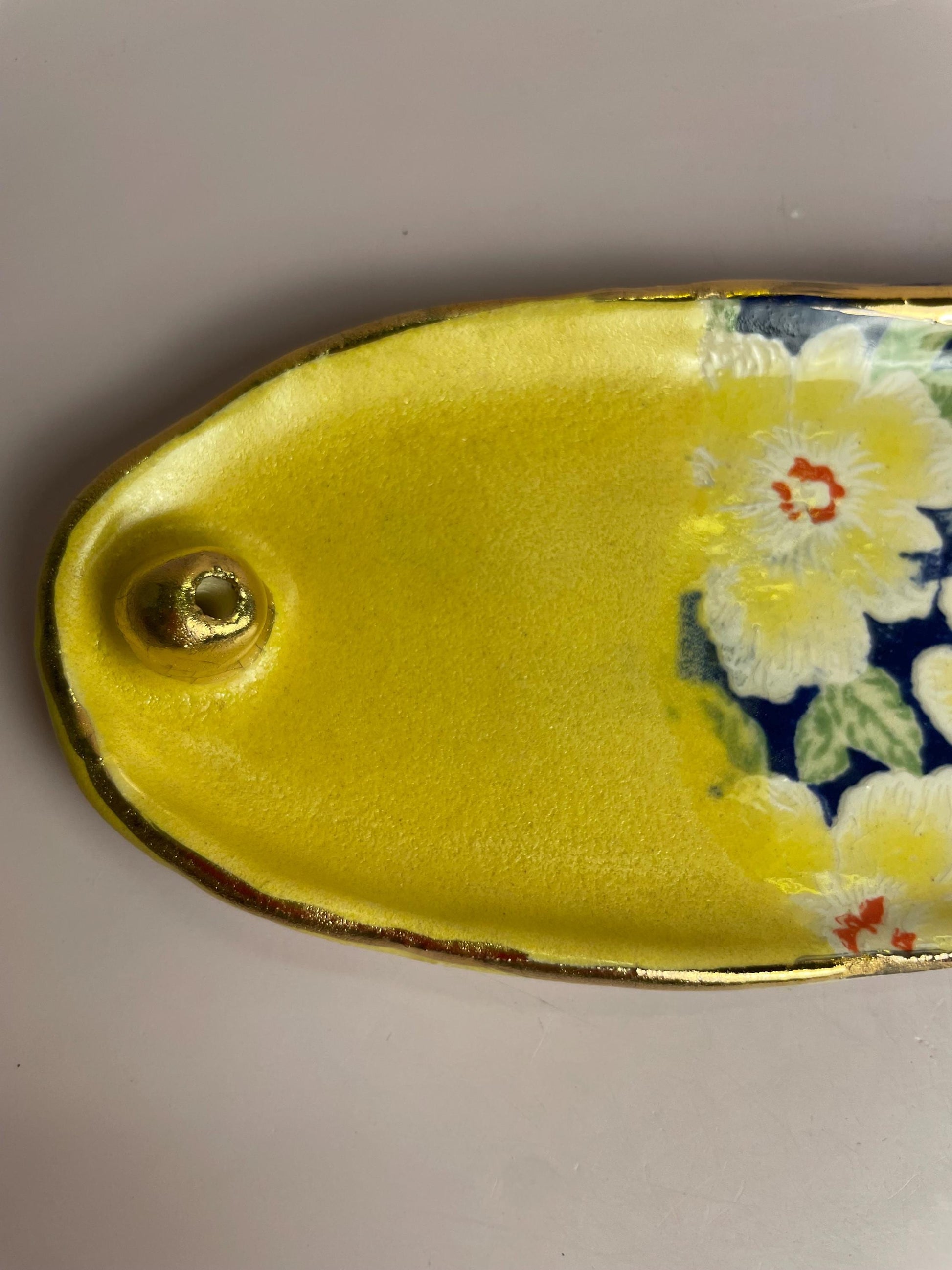 Handmade Ceramic Incense Holder – Lemon Yellow & Floral Design with Gold Luster