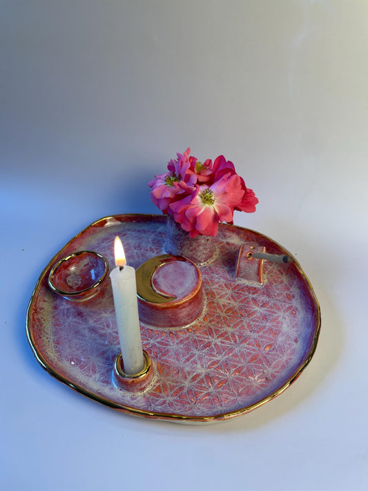 Handmade ceramic four element ritual dish with flower of life and gold crescent moon