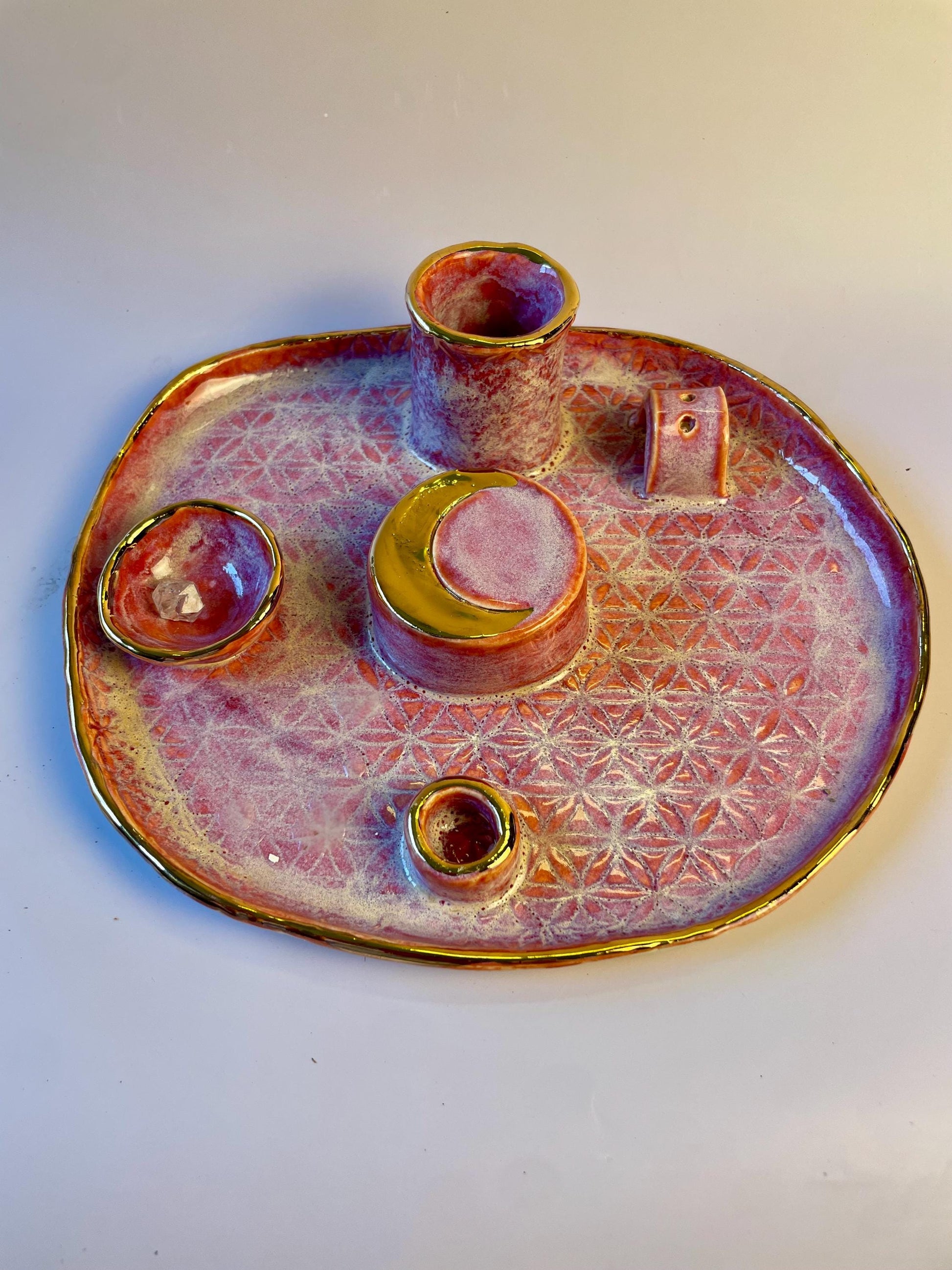 Handmade ceramic four element ritual dish with flower of life and gold crescent moon