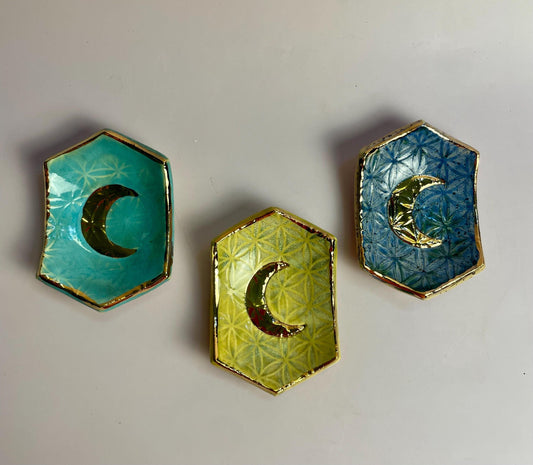 Hexagon Ring Dish with Gold Crescent Moon – Flower of Life Sacred Geometry – Turquoise, Indigo, or Lemon Yellow