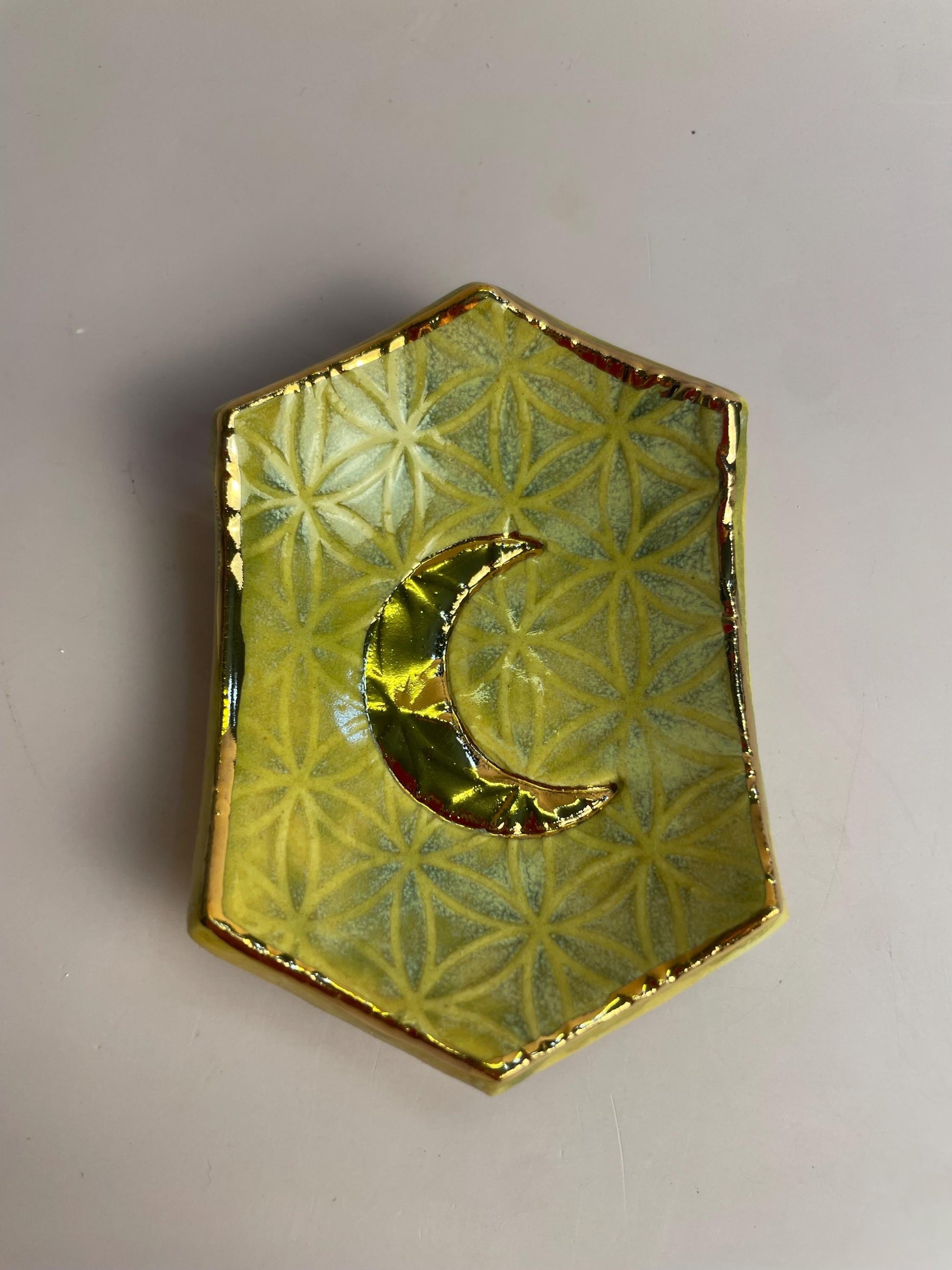 Hexagon Ring Dish with Gold Crescent Moon – Flower of Life Sacred Geometry – Turquoise, Indigo, or Lemon Yellow