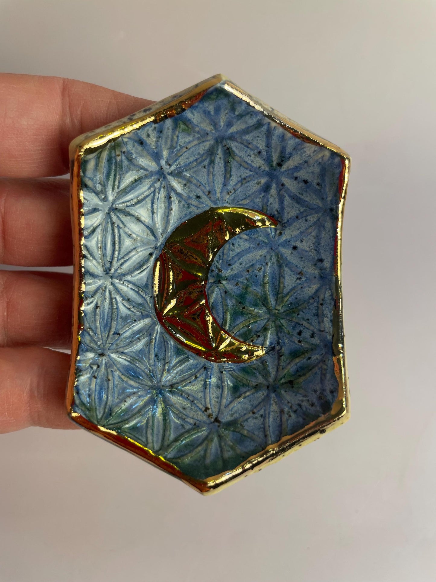 Hexagon Ring Dish with Gold Crescent Moon – Flower of Life Sacred Geometry – Turquoise, Indigo, or Lemon Yellow