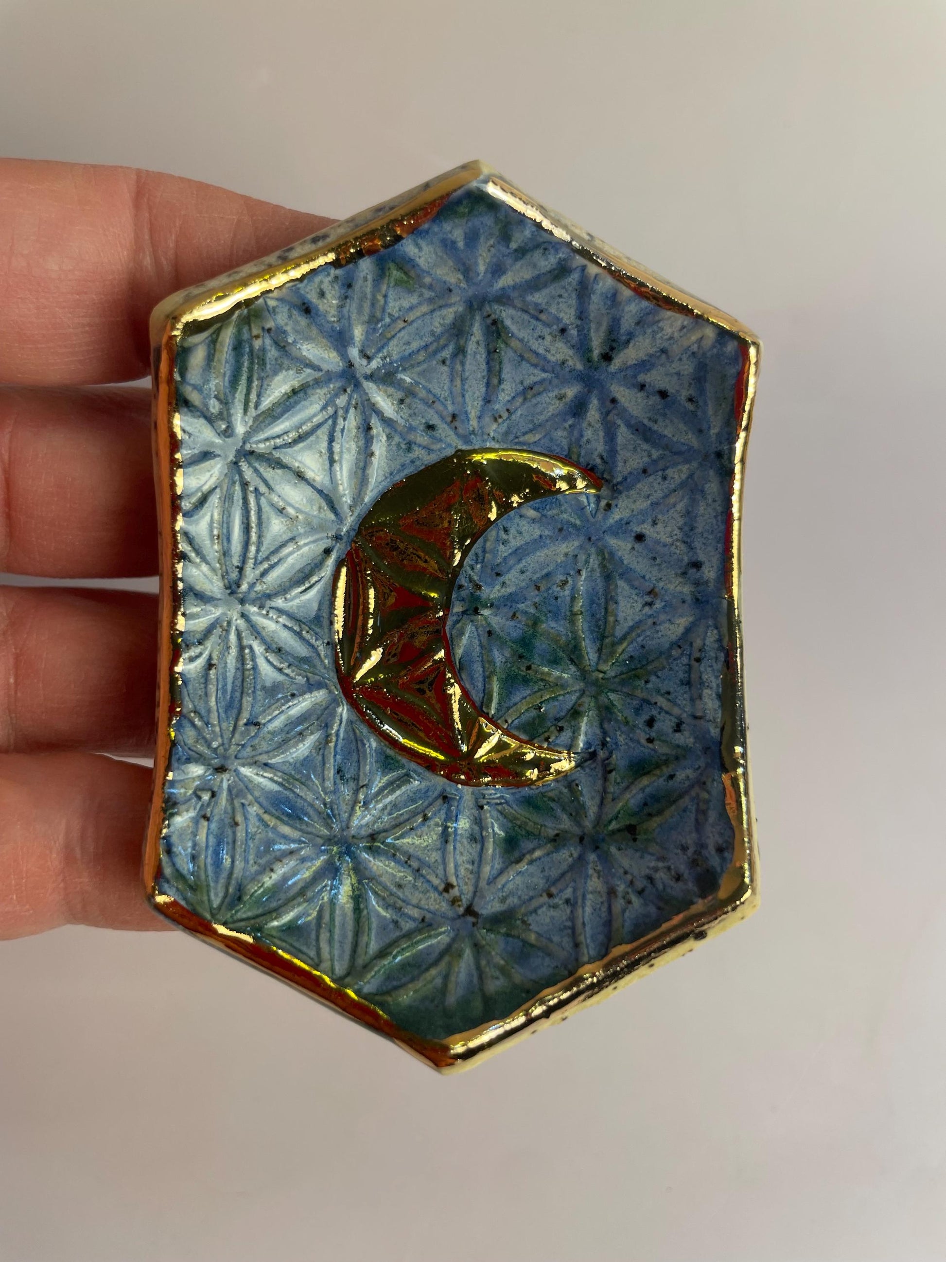 Hexagon Ring Dish with Gold Crescent Moon – Flower of Life Sacred Geometry – Turquoise, Indigo, or Lemon Yellow