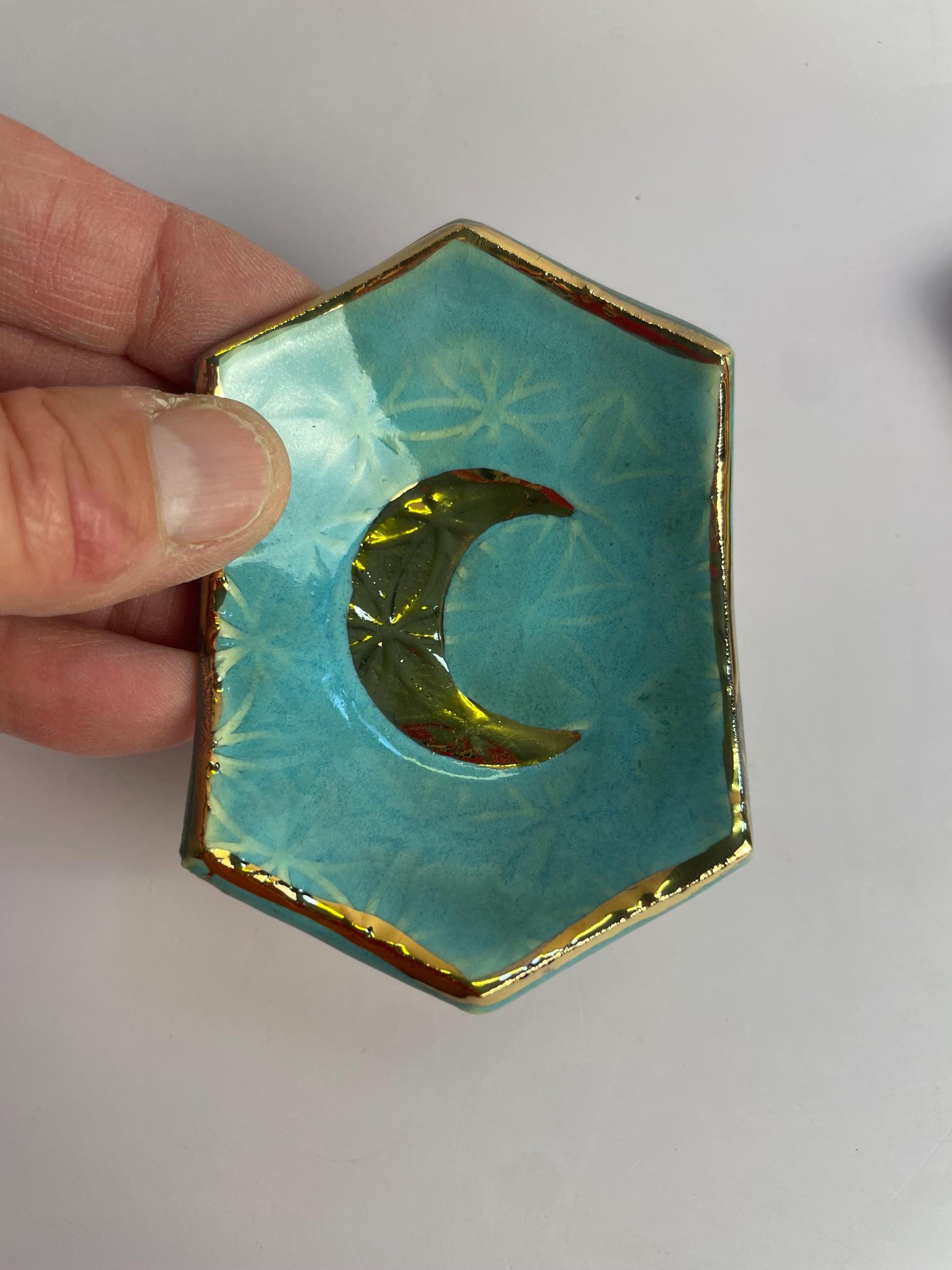 Hexagon Ring Dish with Gold Crescent Moon – Flower of Life Sacred Geometry – Turquoise, Indigo, or Lemon Yellow