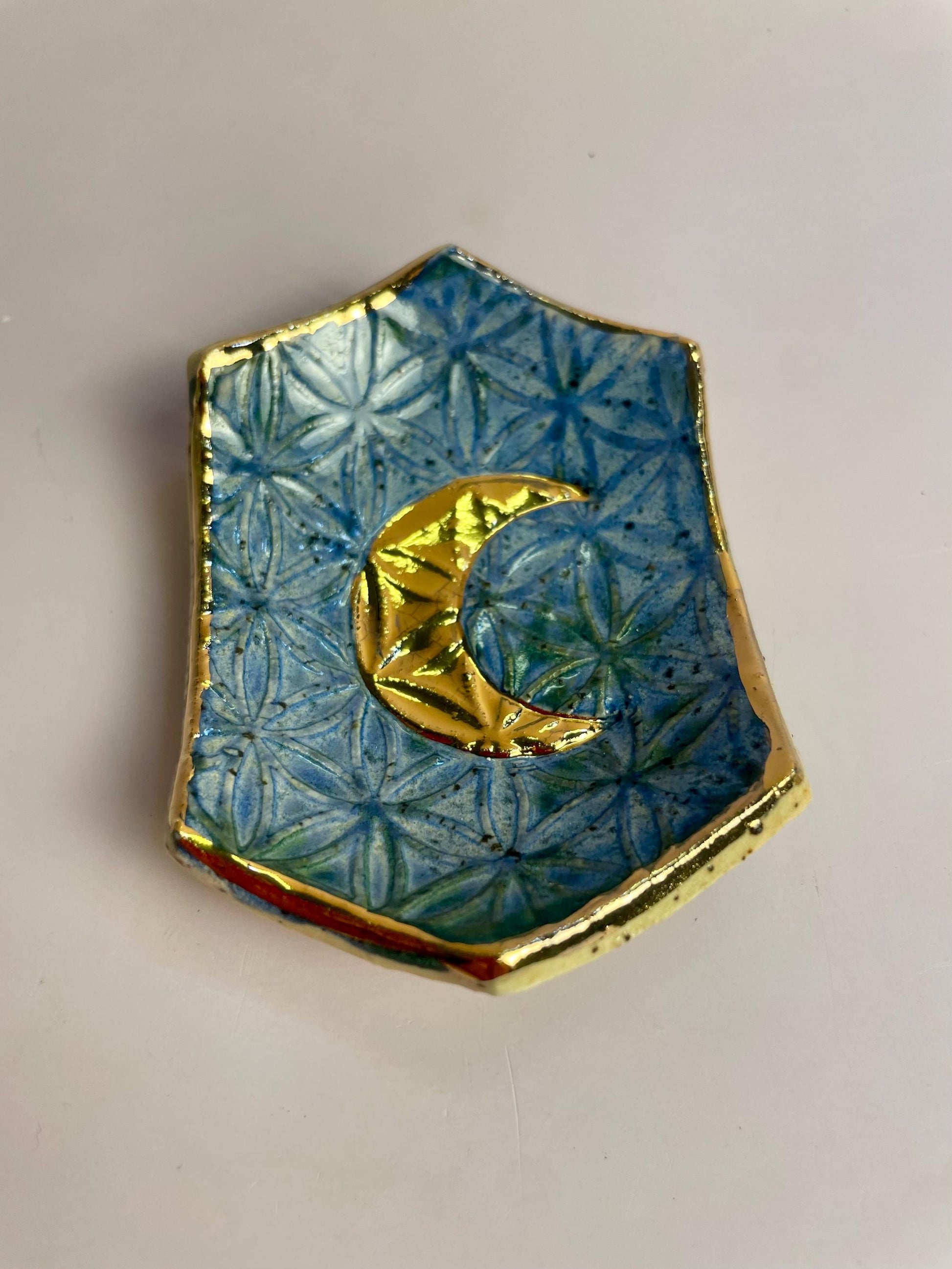 Hexagon Ring Dish with Gold Crescent Moon – Flower of Life Sacred Geometry – Turquoise, Indigo, or Lemon Yellow
