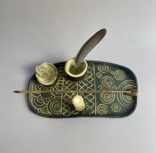 Four Elements Ritual Dish | Hand-Carved Ceramic Altar Set | Inspired by Neolithic Spirals and Goddess Culture | Gavrinis Newgrange Symbol