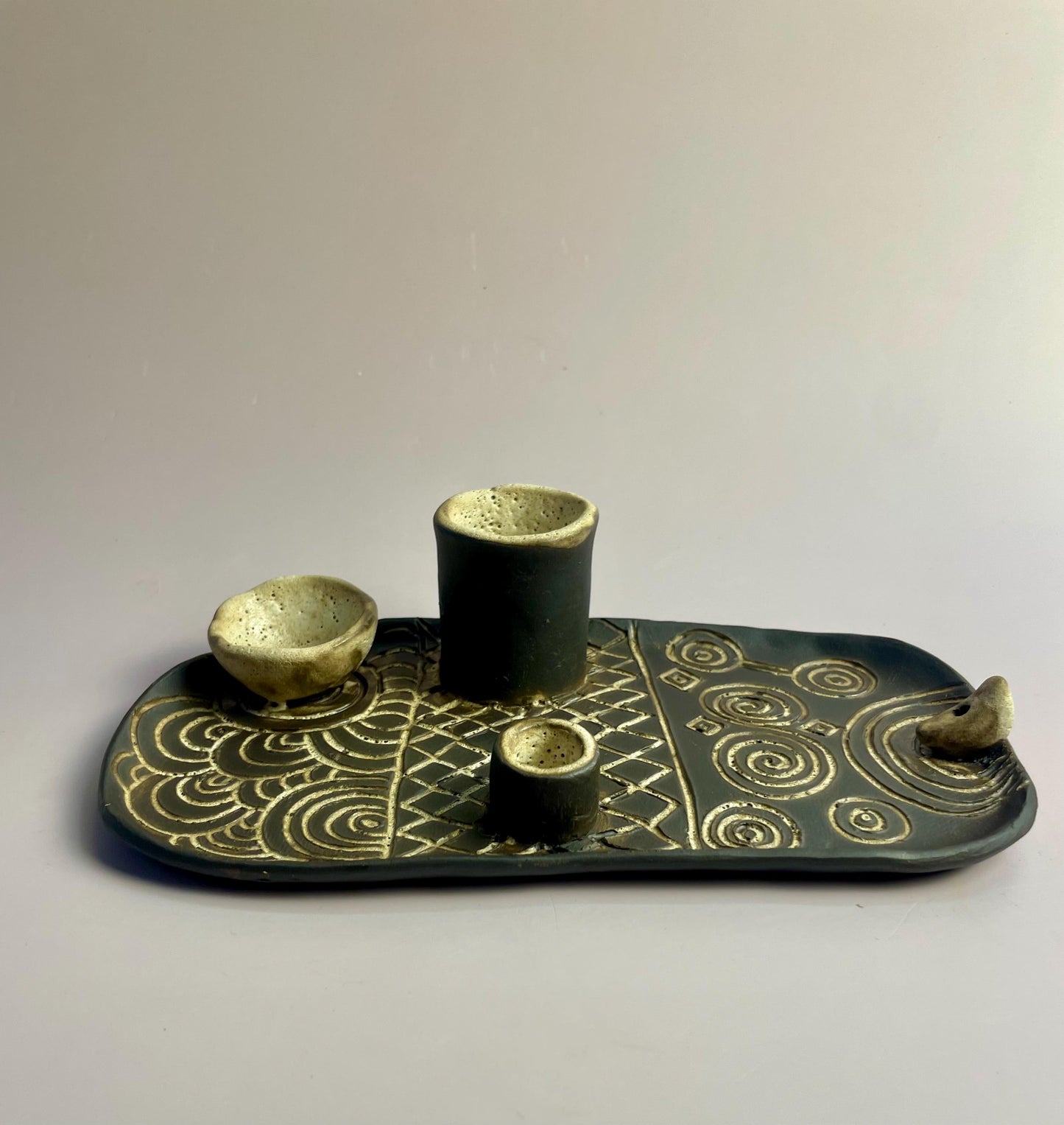 Four Elements Ritual Dish | Hand-Carved Ceramic Altar Set | Inspired by Neolithic Spirals and Goddess Culture | Gavrinis Newgrange Symbol