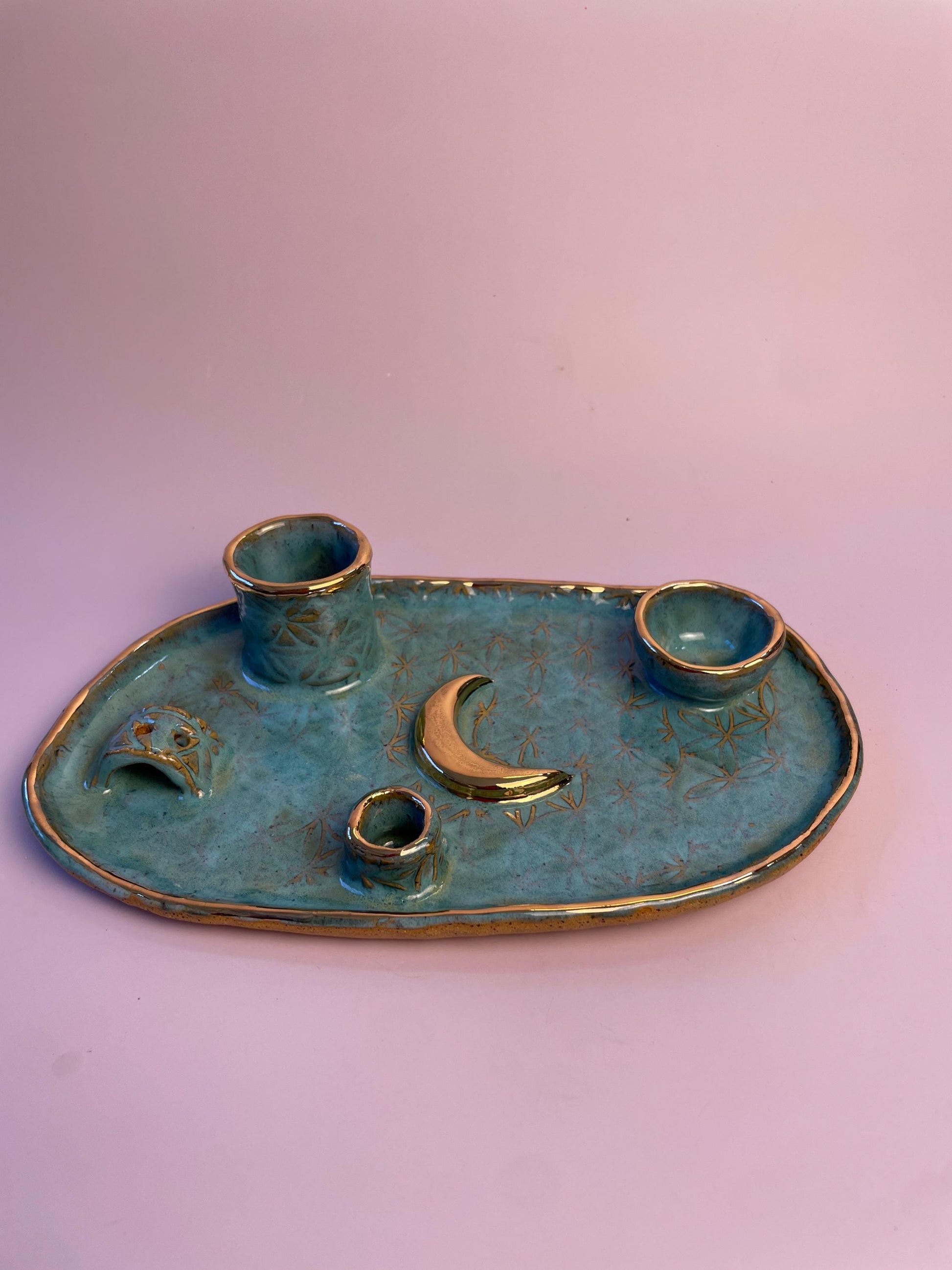 Four Element handmade ceramic Ritual Dish with Gold Crescent Moon