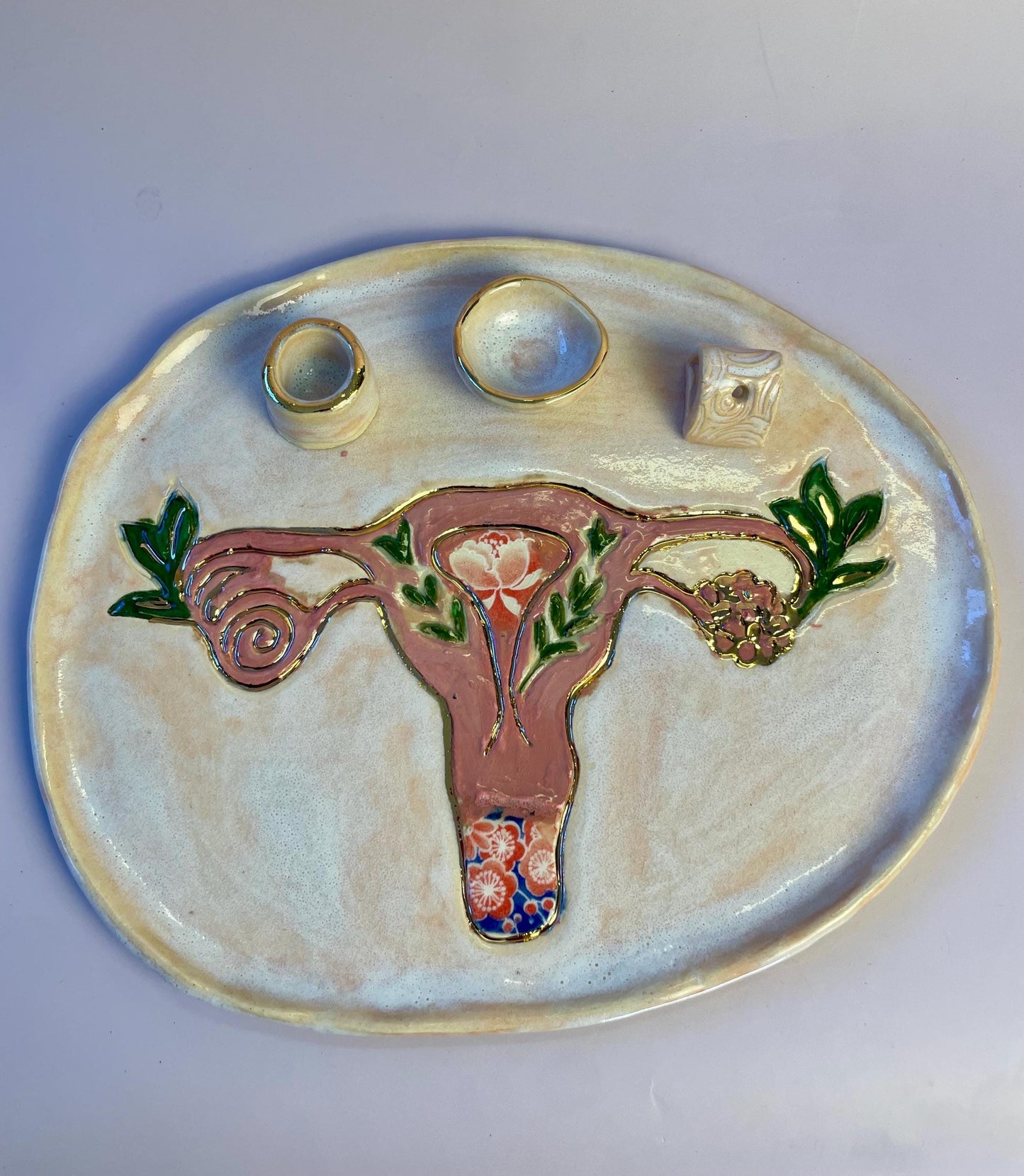 Divine Feminine Ritual Set – Sacred Womb Bowl, Incense & Candle Holders – Gold‑Lined, Healing Ceramic Art